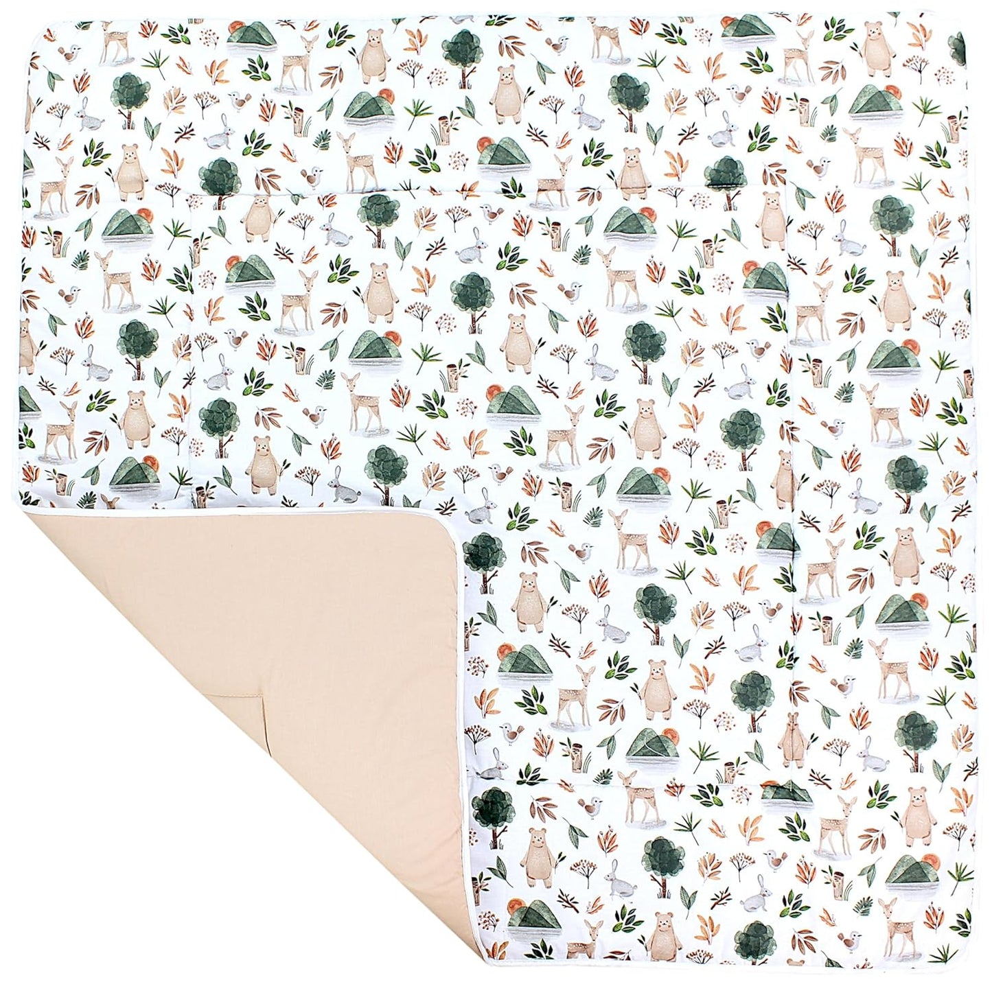 Krabbeldecke XXL, Wald Bär Reh Hase Beige Grün