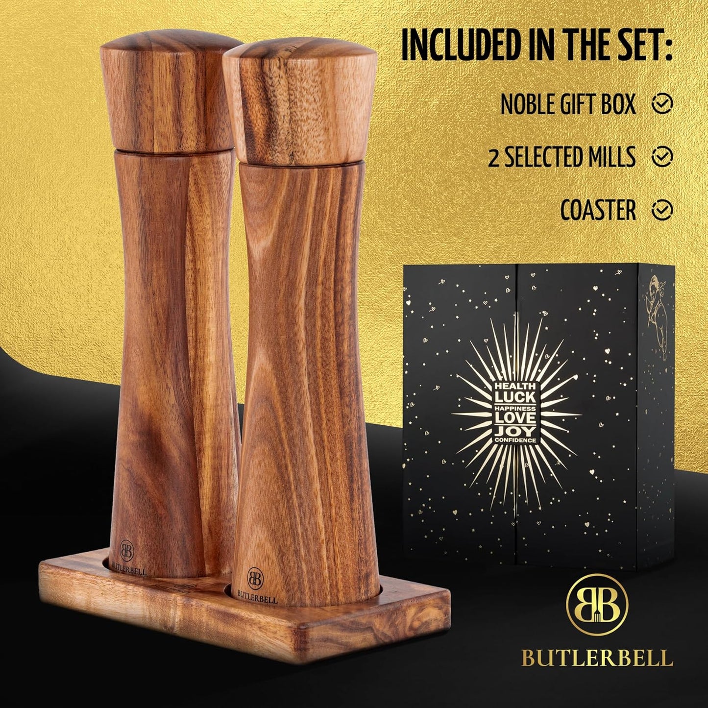 Salz- und Pfeffermühlen-Set mit Untersetzer, Salt And Pepper Mill - English