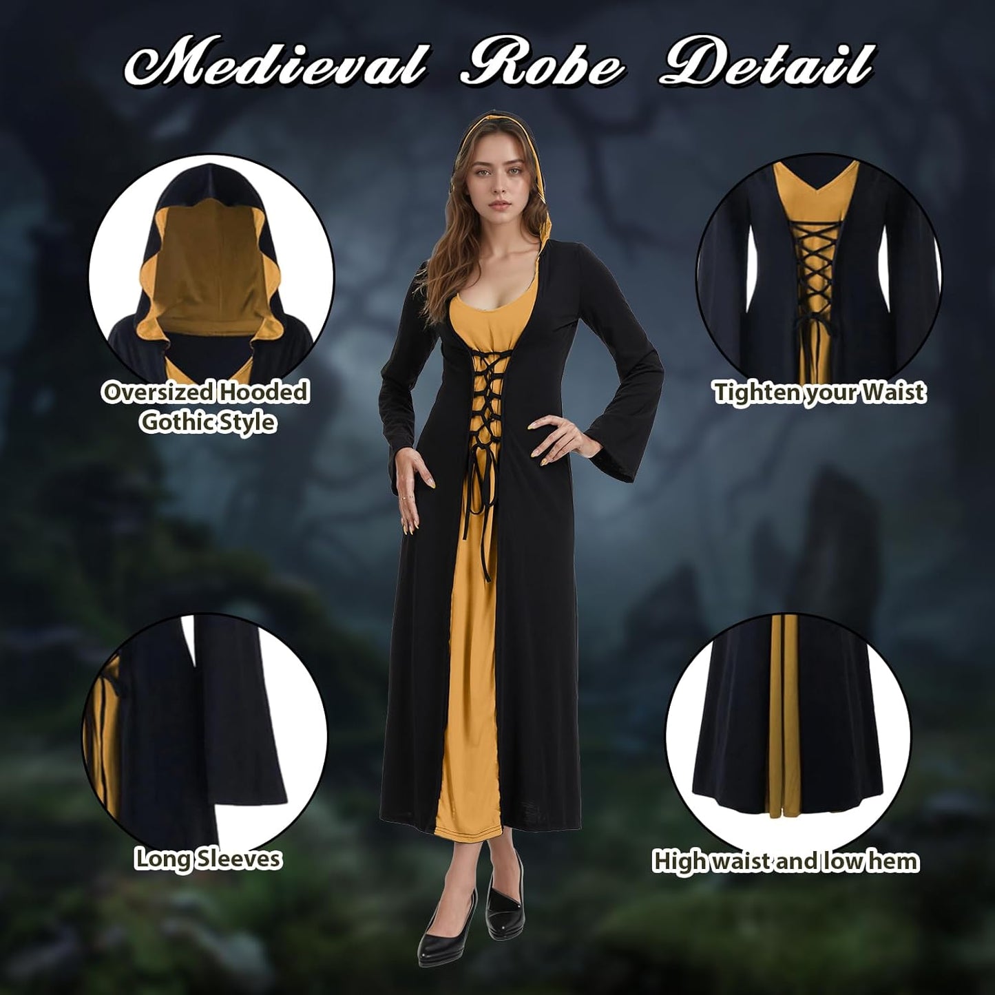Mittelalterliches Cosplay-Kleid mit Kapuze, M Schwarz und Gold