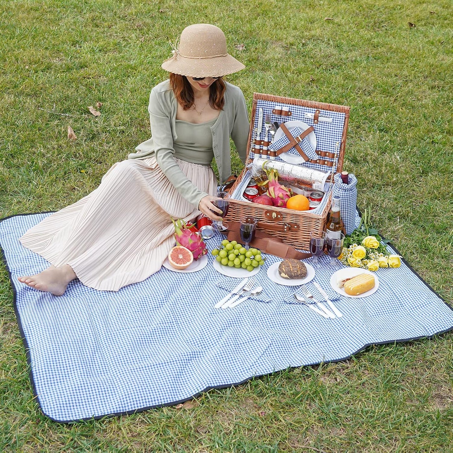 Picknickkorb-Set für 2 Personen mit Kühlfach, [Bo] Blue & White 2 Personen