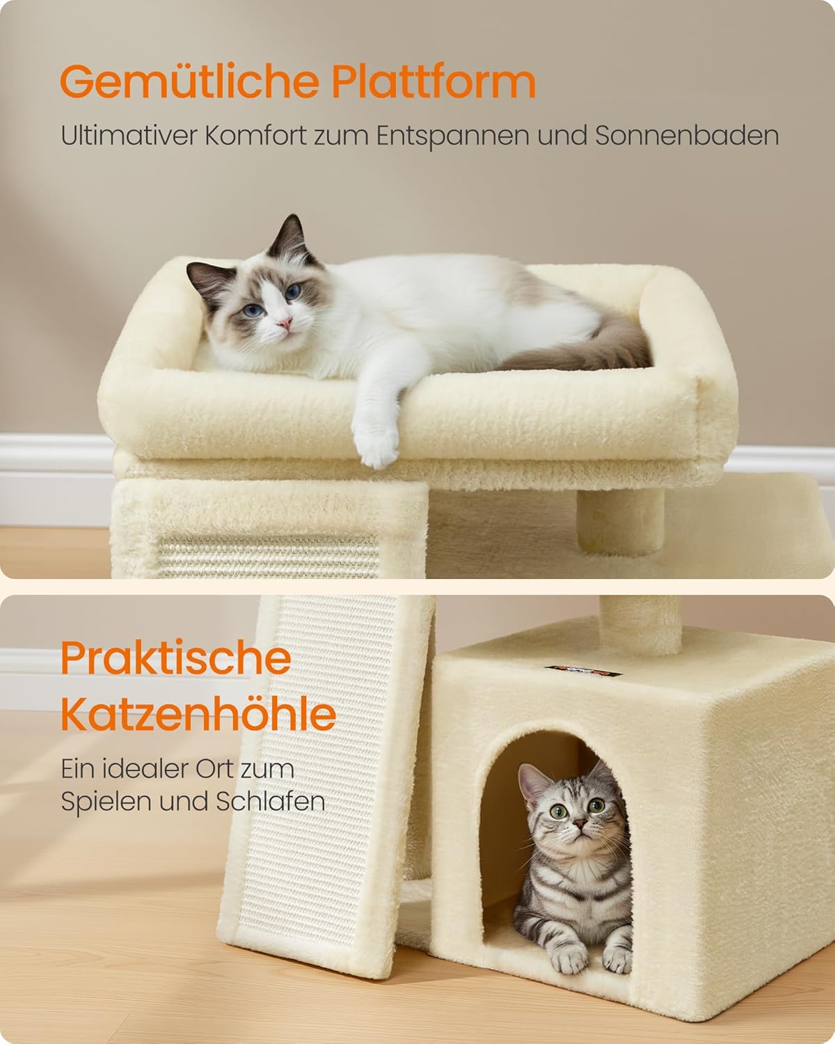 Katzenkratzbaum mit Plattform und Höhle (46,4 cm), sandbeige S (51 x 39,2 x 46,4 cm)