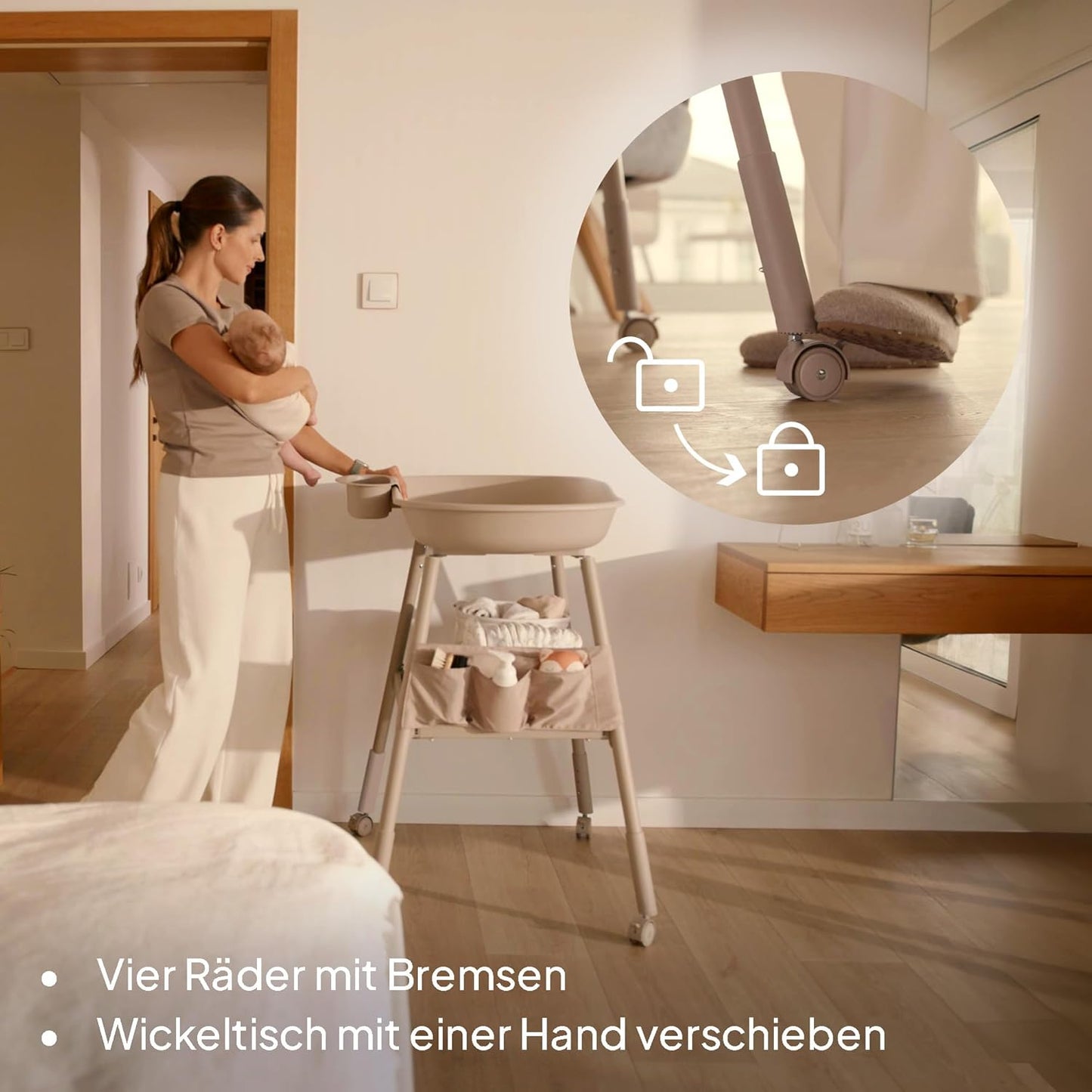 Höhenverstellbarer Wickeltisch mit Rollen & Organizer