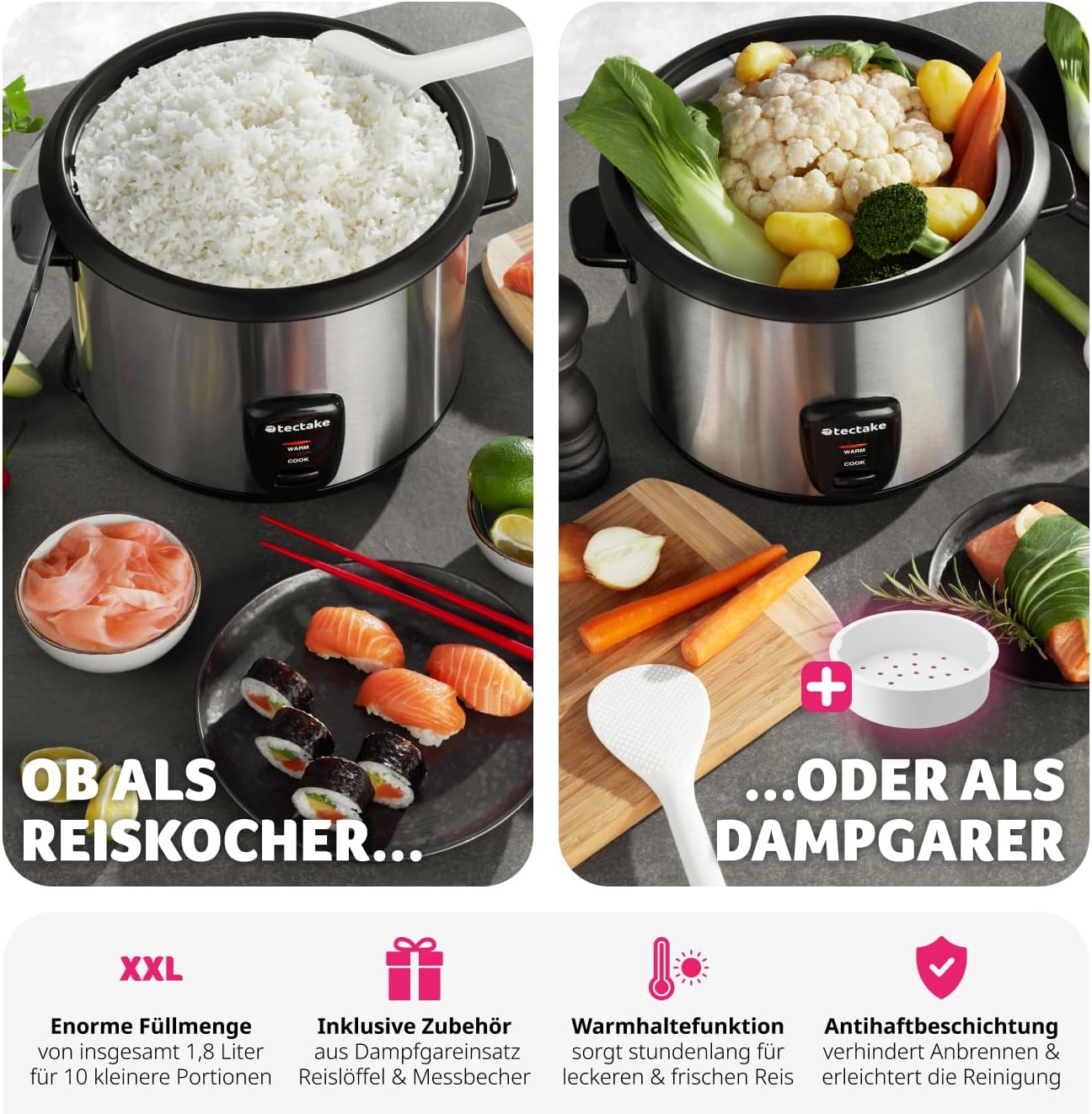 Reiskocher mit Dampfgarer für 10 Portionen