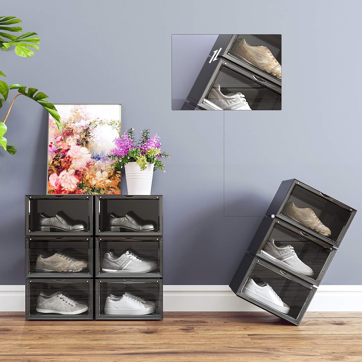 6 Stück Stapelbare Schuhboxen, Schwarz 6er Set