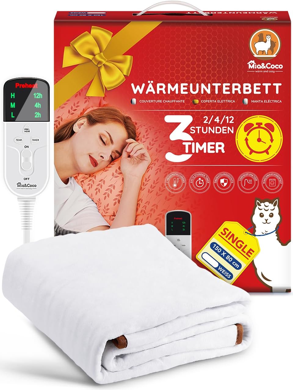 Heizdecke mit Abschaltautomatik und Timer, 150x80cm, Komfort Weiß