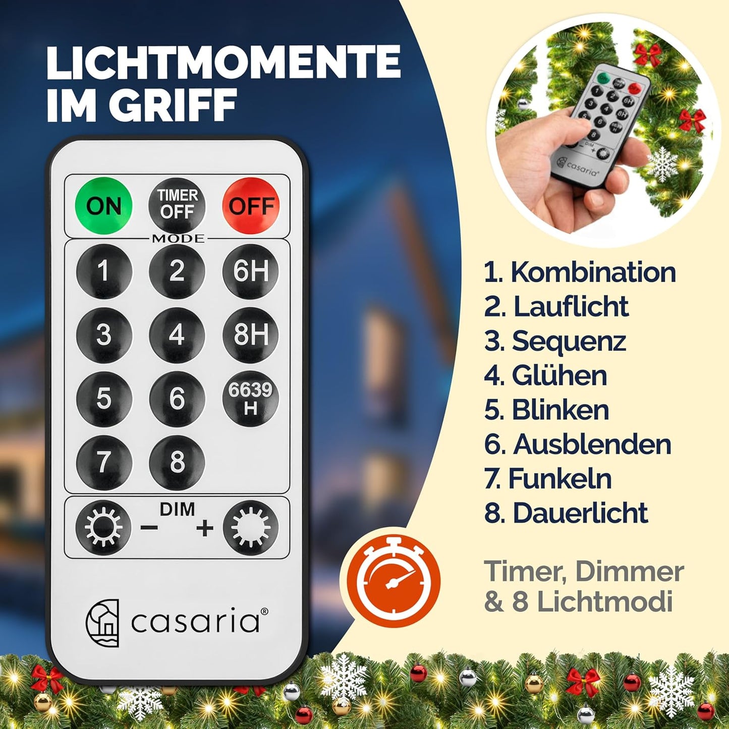 Weihnachtsgirlande, 5m geschmückt (80 LEDs) inkl. Fernbedienung