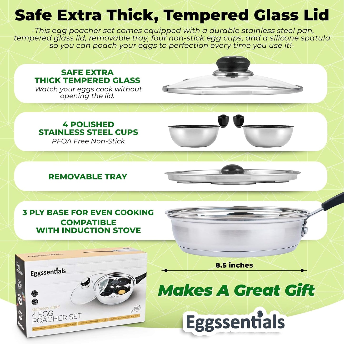 Edelstahl Eierkocher mit 4 Pochierbechern, 4 Cup Egg Poacher with Silicone Handle