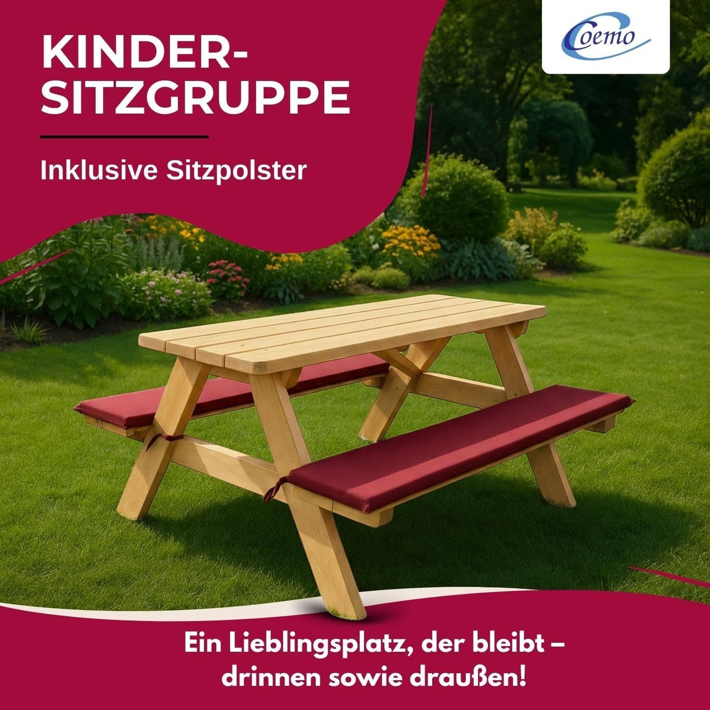 Robuste Kinder-Sitzgarnitur für Garten & Balkon, 89x79x50cm Natur
