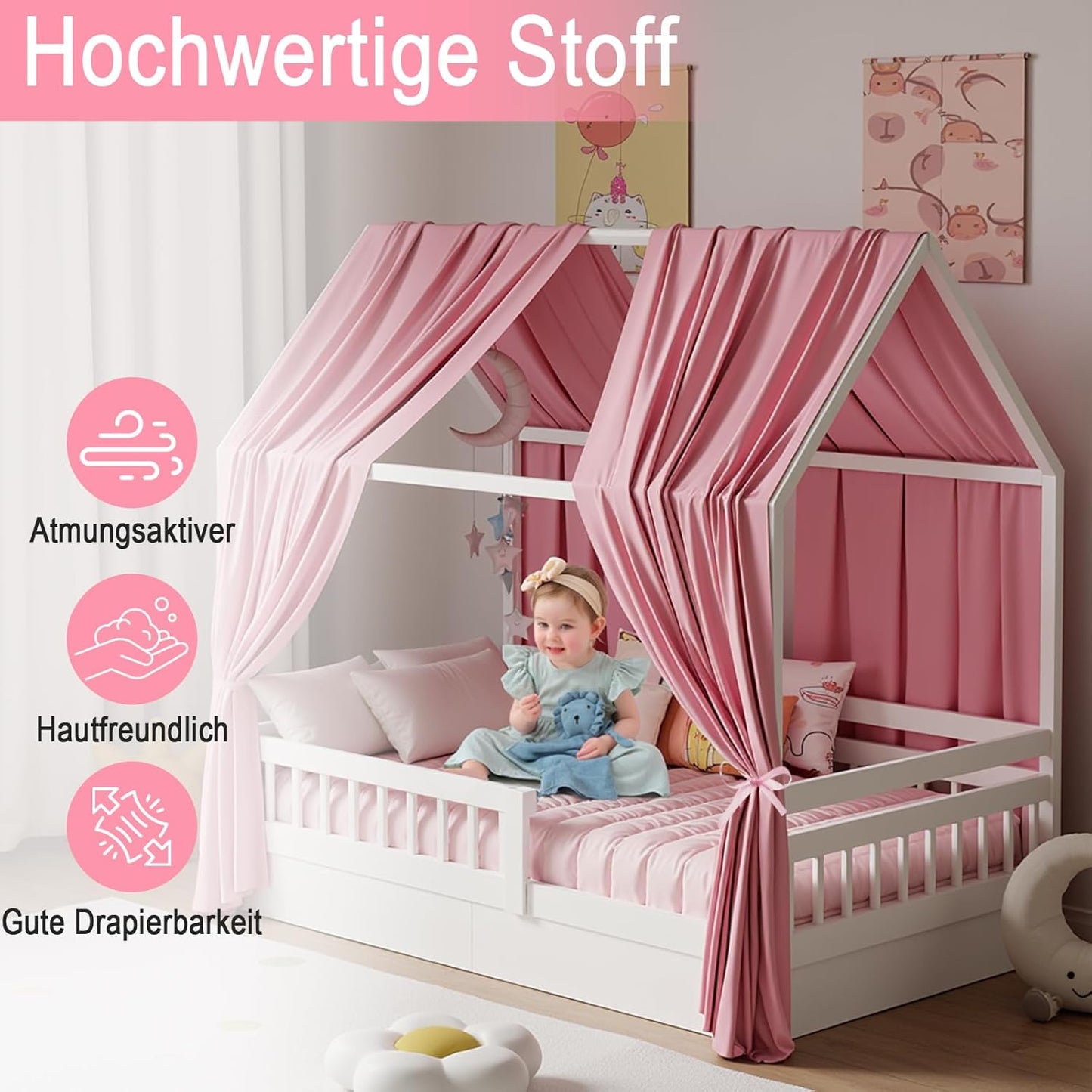 2-teiliges Betthimmel Set für Hausbetten, H270 x B67 cm (2er Pack) Rosa