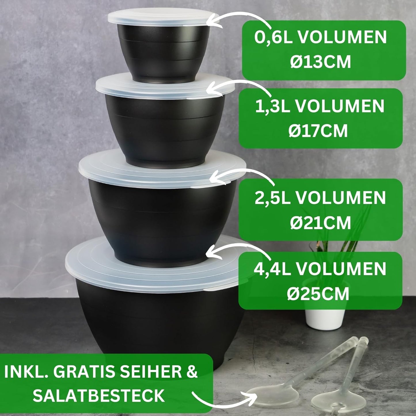 Salatschüssel-Set mit Deckeln (6-teilig), Salat- & Rührschüssel Schwarz 6-teilig mit Deckel