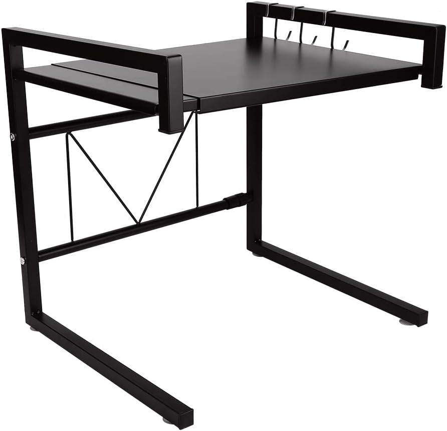 2-stöckiges Mikrowellen-Regal höhenverstellbar, mit 3 Aufhängehaken, 2 Ebenen, Schwarz, 40-65 Cm, 1 Stück