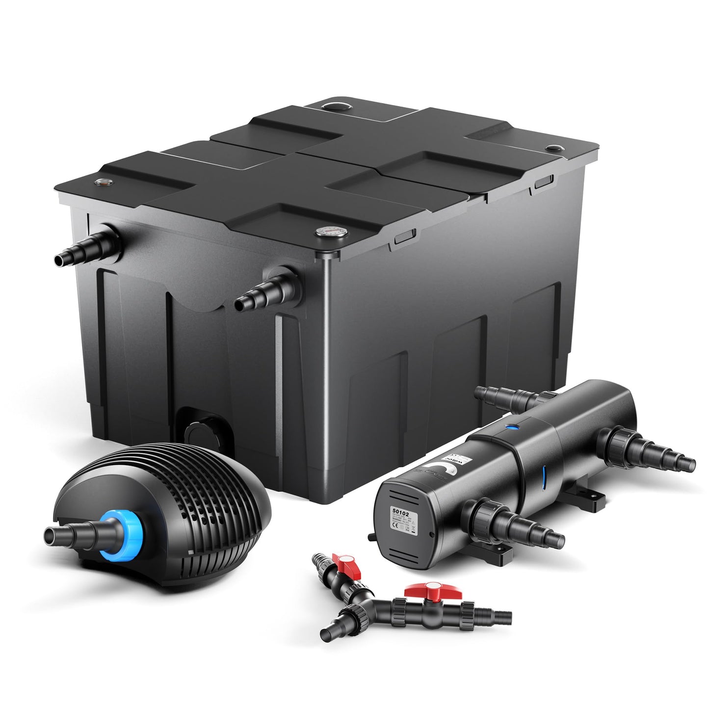 CBF-550 Teichfilter Komplettset mit Pumpe und UVC Klärer, CBF-550 Filter+8000 L/h Pumpe+36W UVC-Klärer+Y-Verteiler