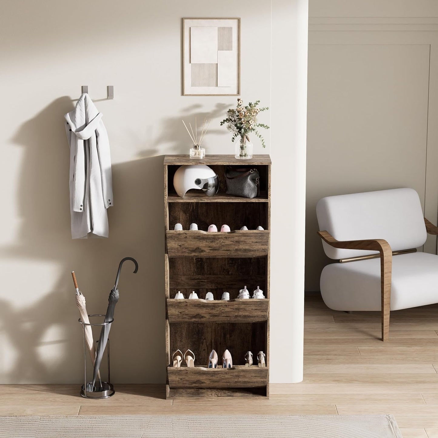 Schuhschrank mit 3 Klappen, ultraschmal (24 cm), Rustikales Braun