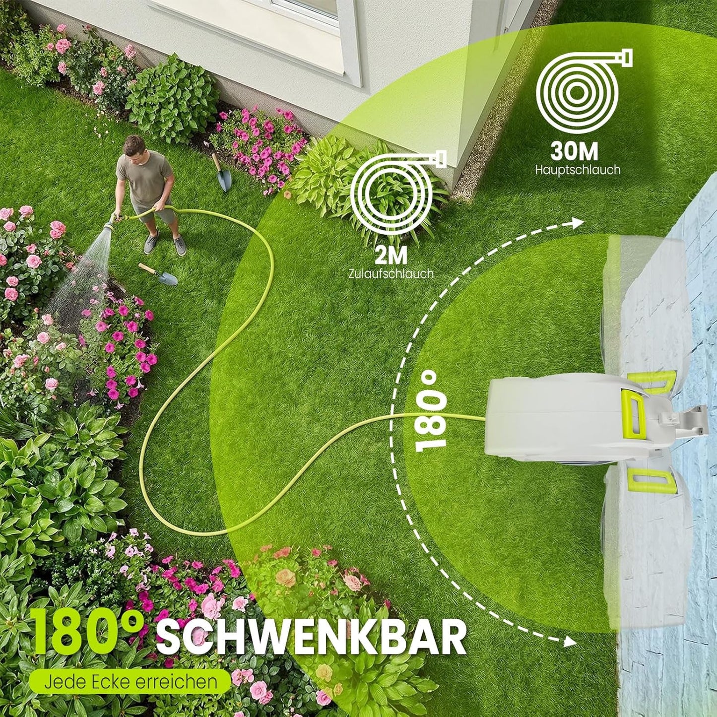 Automatische Schlauchtrommel 30m, schwenkbar mit Gartenbrause, Grün & Grau 30M
