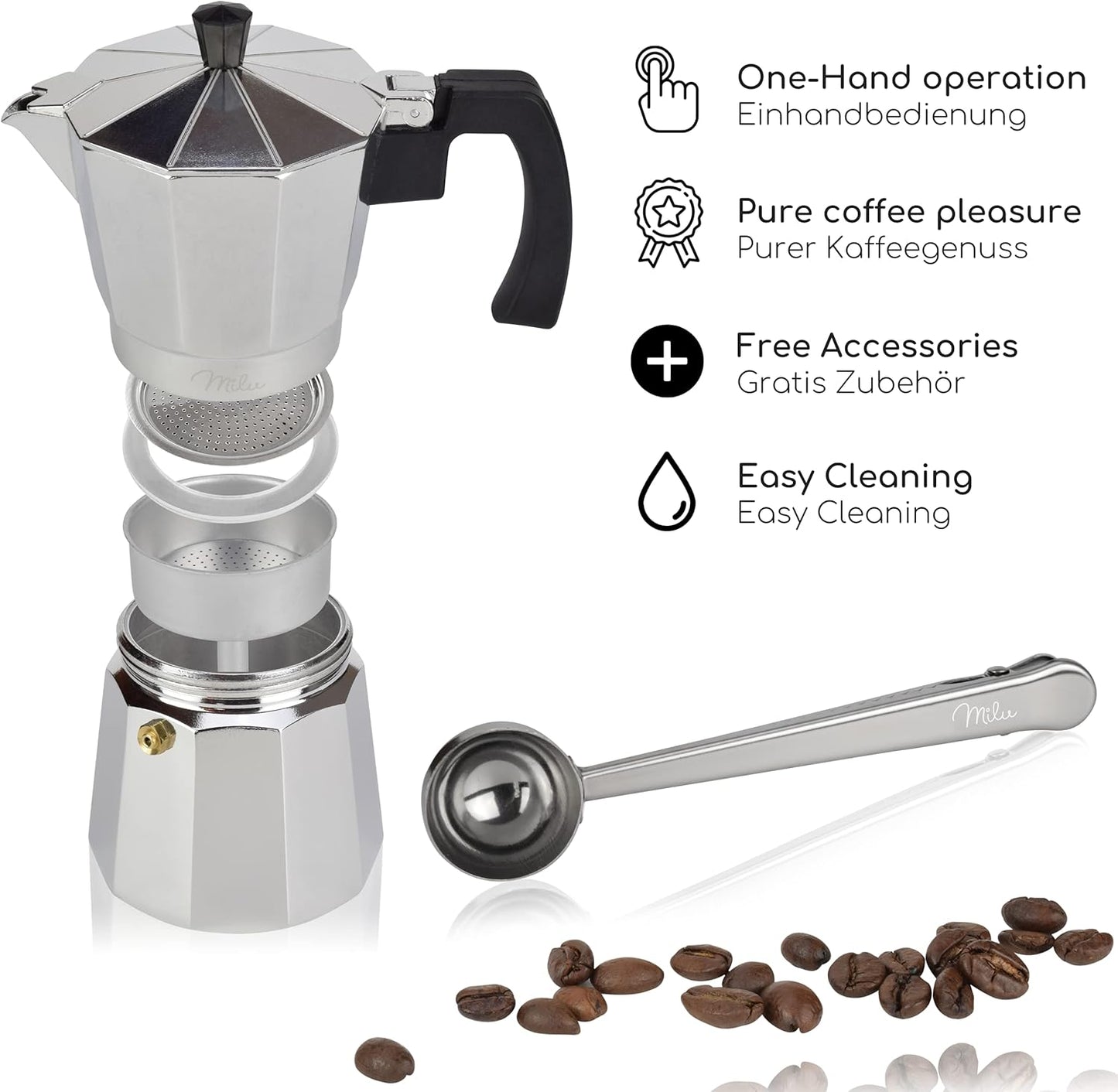 Espressokocher aus Aluminium, Aluminium 2 Tassen (100ml)