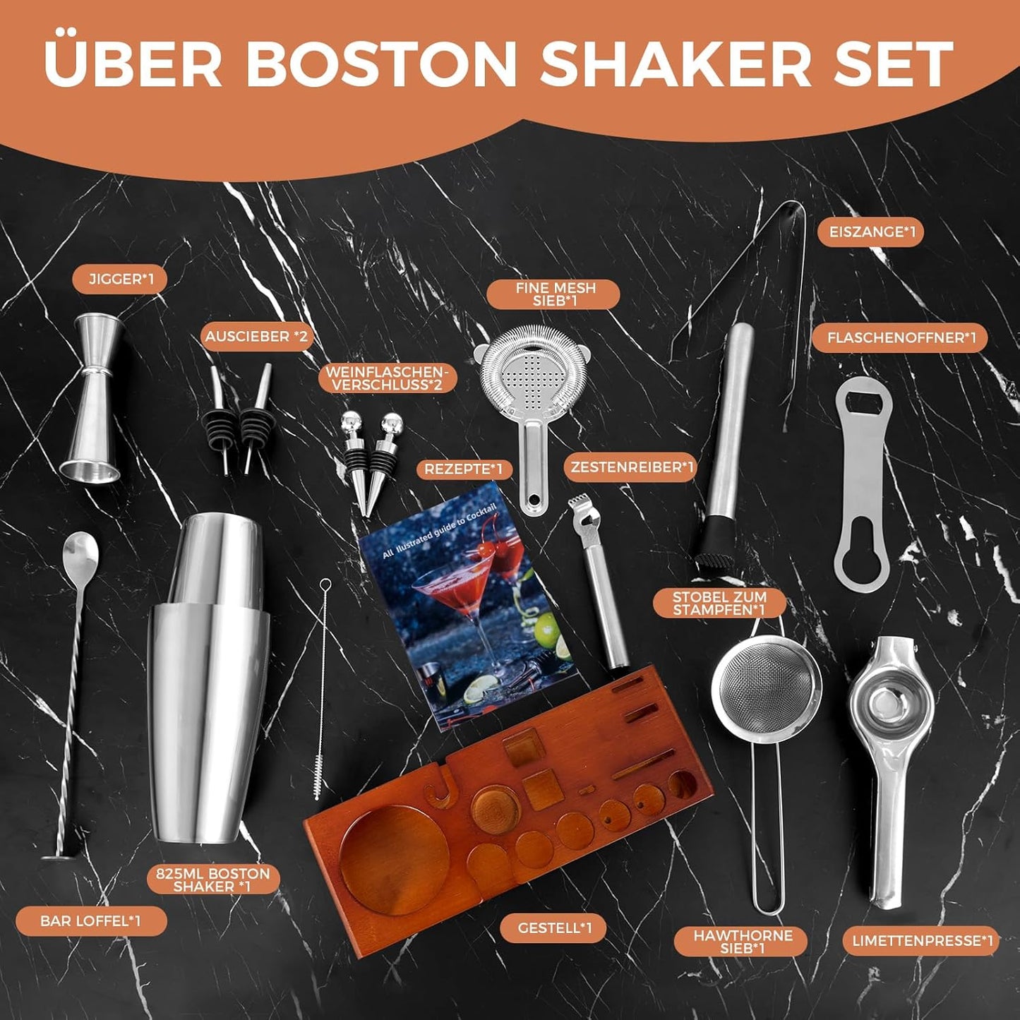 Cocktail Shaker Set mit Rezeptbuch und Ständer, Mit Gestell