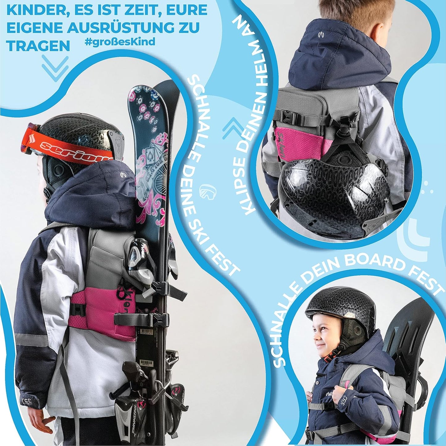Kinderrucksack mit Sicherheitsleine für das Ski- und Snowboardtraining, Rosa