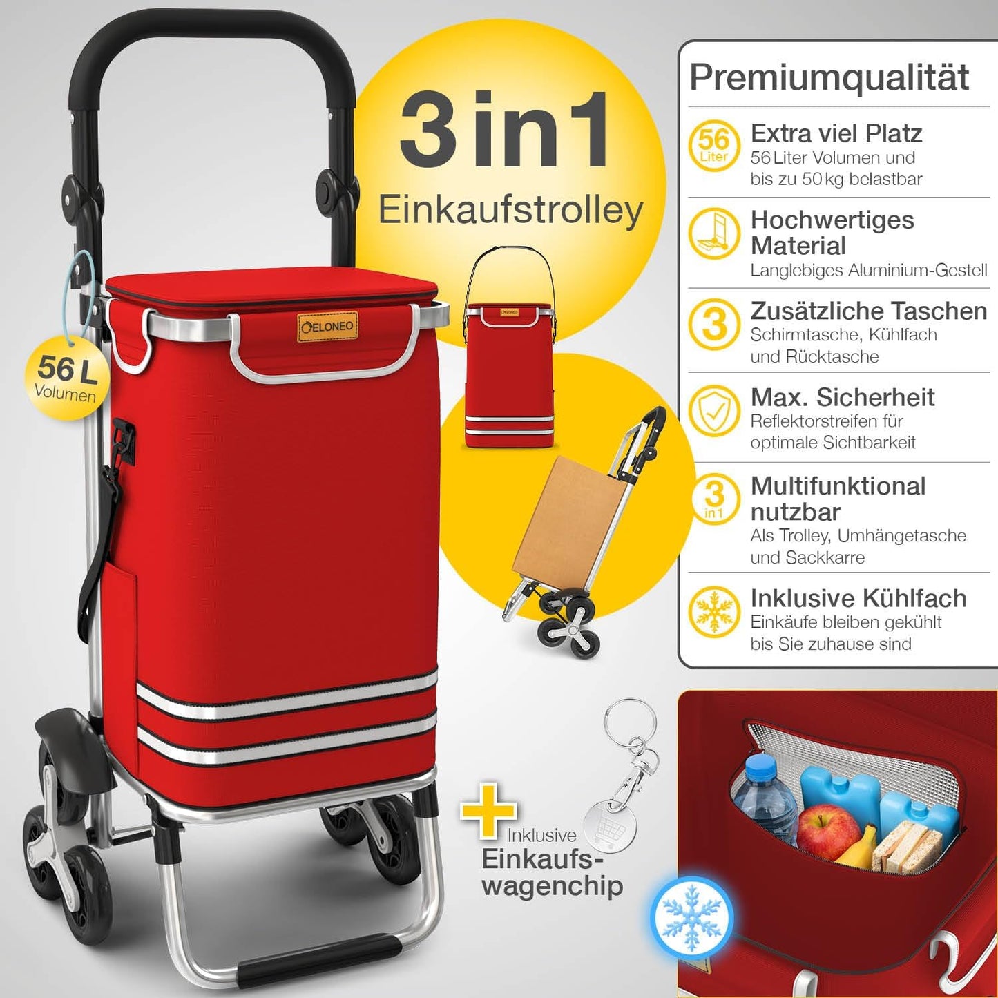 Einkaufstrolley mit Treppensteiger-Funktion, Treppensteiger-Trolley Rot