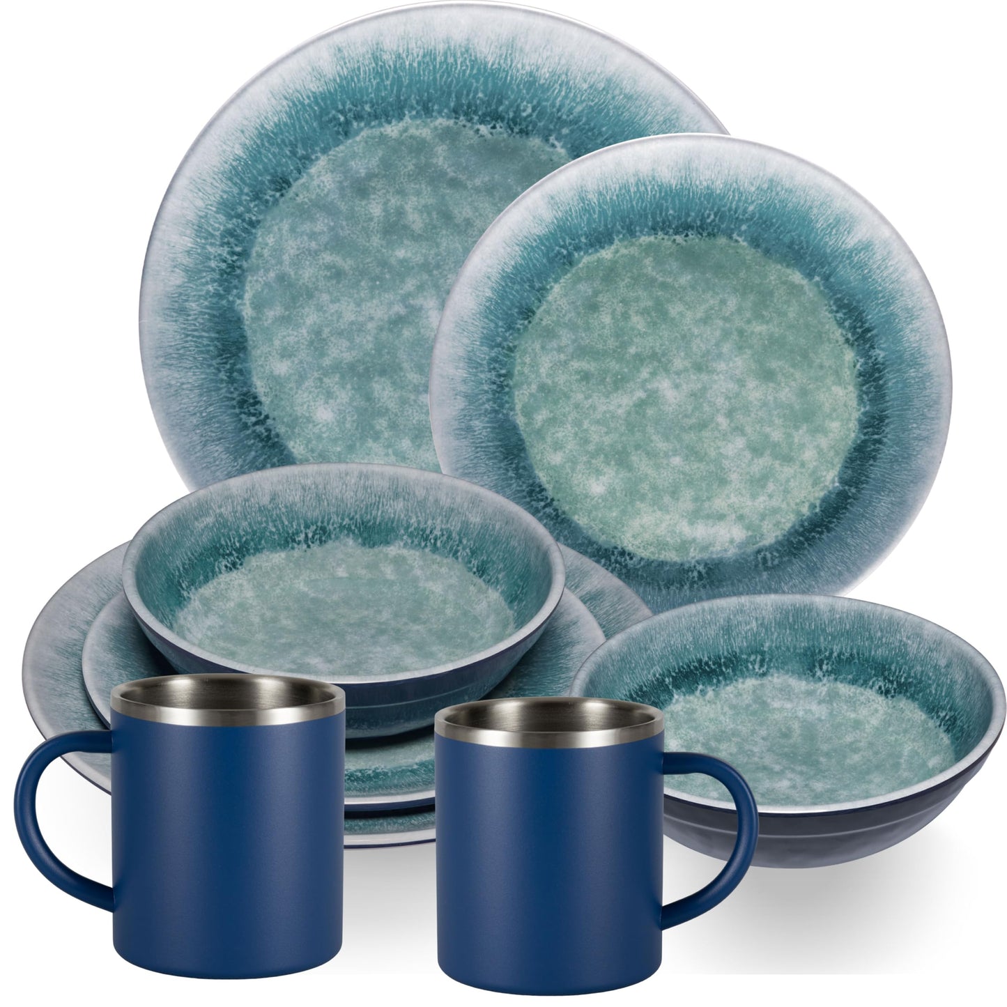 Melamin Geschirr Set für Camping (2 Personen), 2 Personen - Edelstahltassen Blau