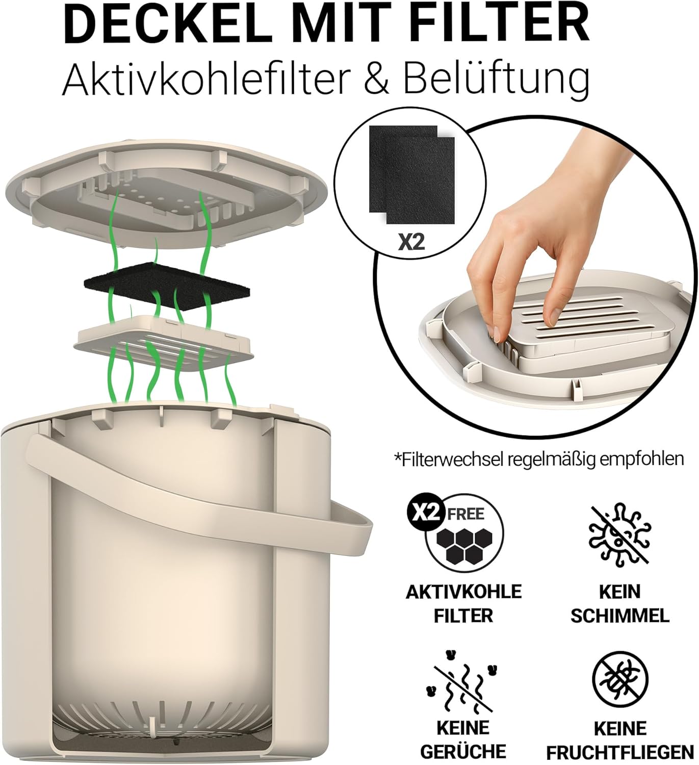 Biomülleimer mit Aktivkohlefilter, Beige mit Aktivkohlefilter