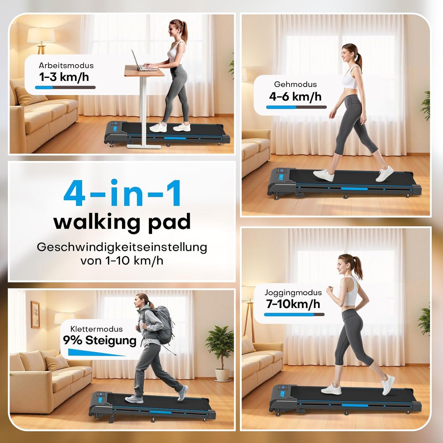 Walking Pad Laufband mit Steigung, Schwarz-Blau 4-in-1 mit Doppelter Stoßdämpfung