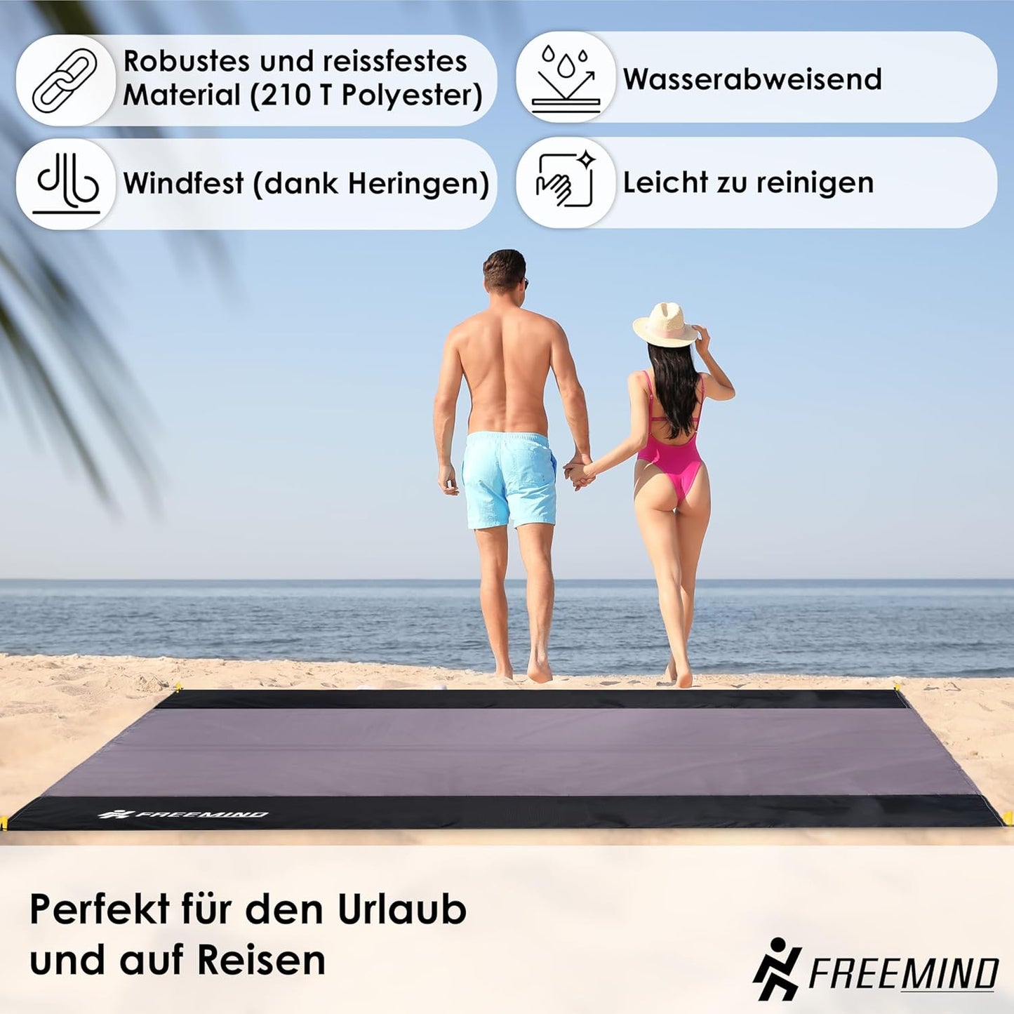 Ultraleichte Picknick- und Stranddecke, 2x2 m, Grau-schwarz 2x2 M