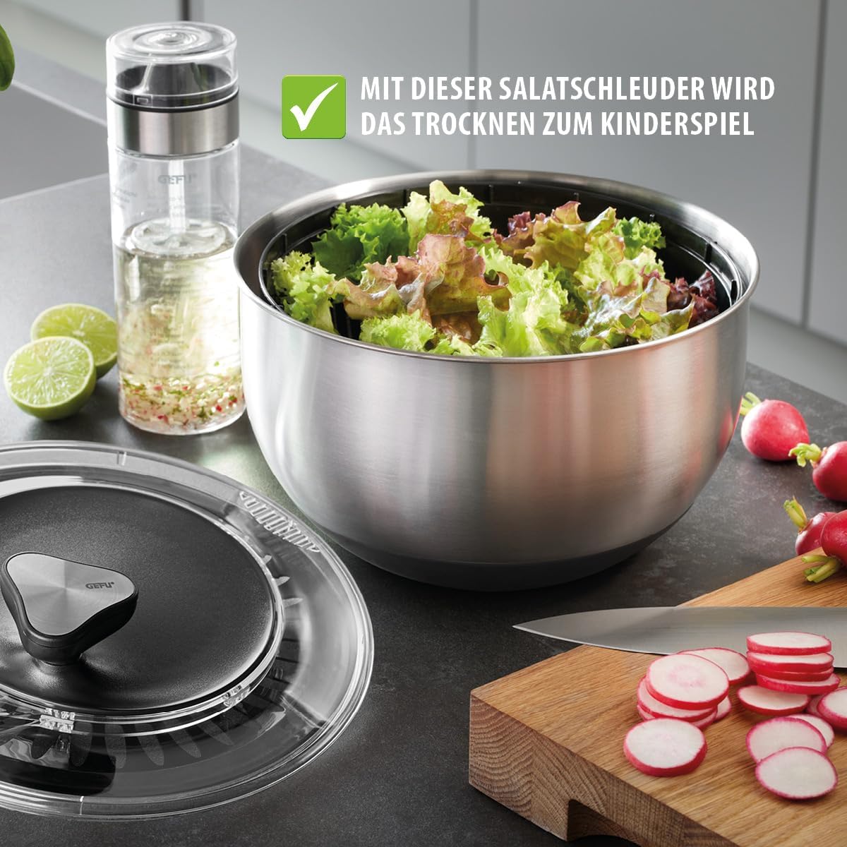 Salatschleuder mit Kurbelantrieb, 4,5l & Deckel Edelstahl/Schwarz + Frischhaltedeckel