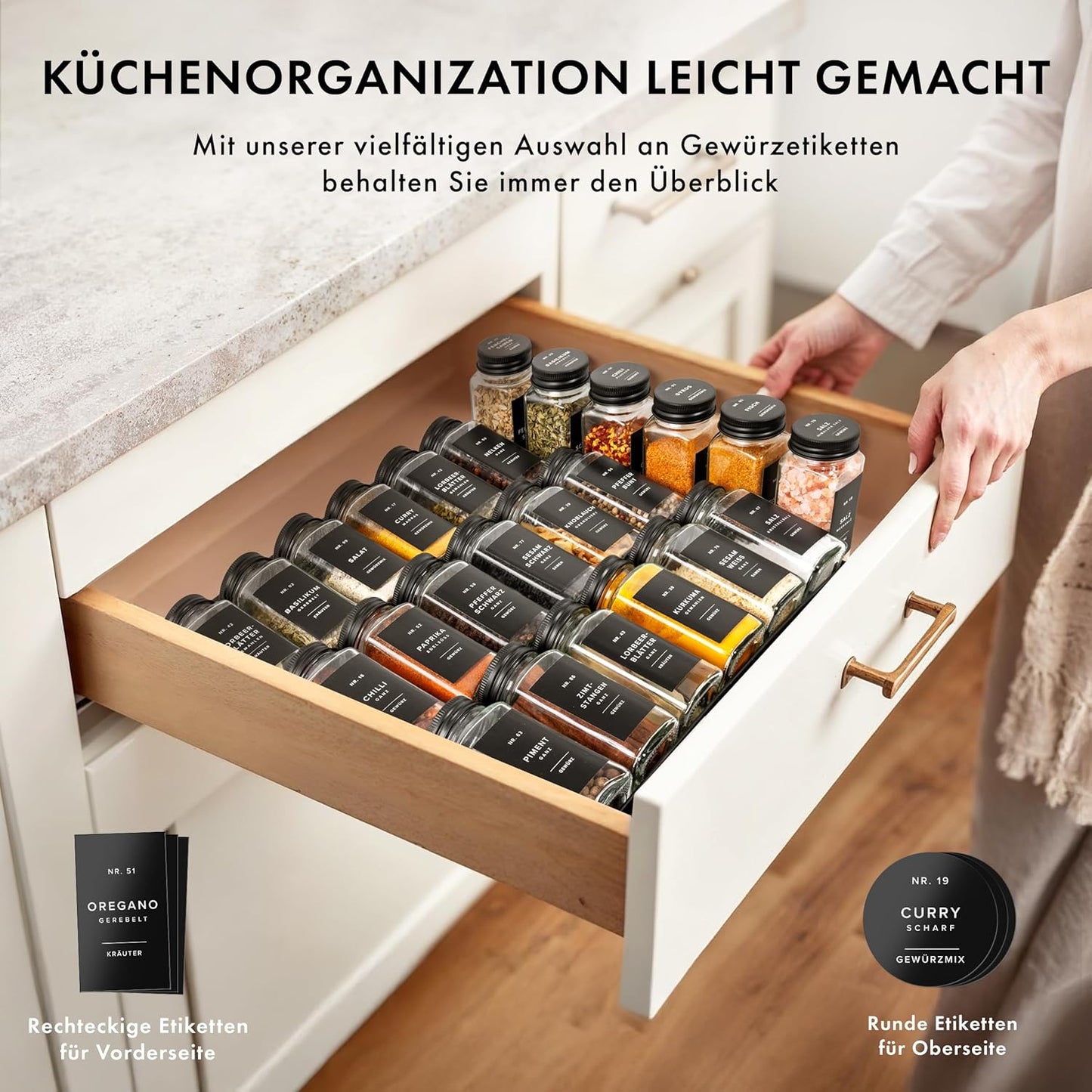24 x Gewürzgläser-Set mit Deckel, Etiketten, Streueinsätzen und Trichter, 24x Gewürzgläser mit Schwarzem Deckel