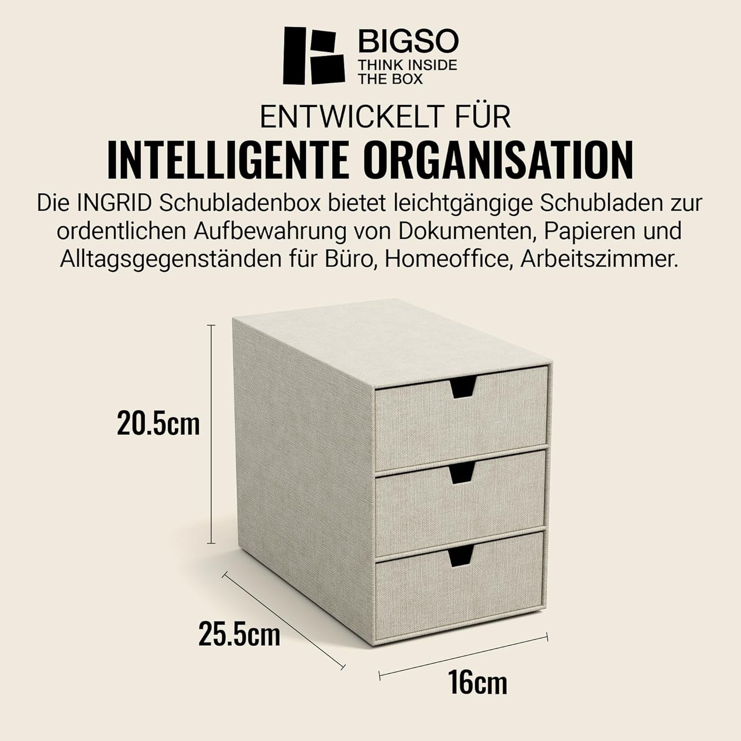 Ingrid Schubladenbox mit 3 Fächern, Beige Leinenoptik