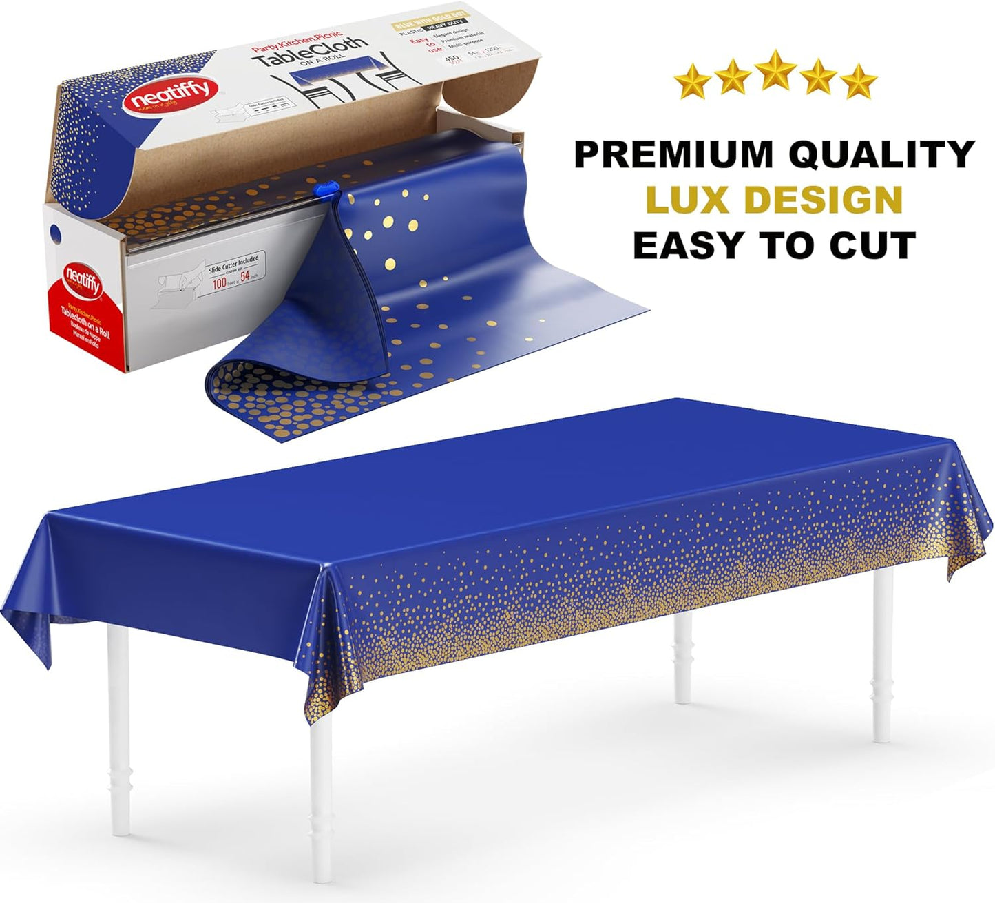 Tischtuchrolle mit Gleitschneider, Blaue Gold Punkte