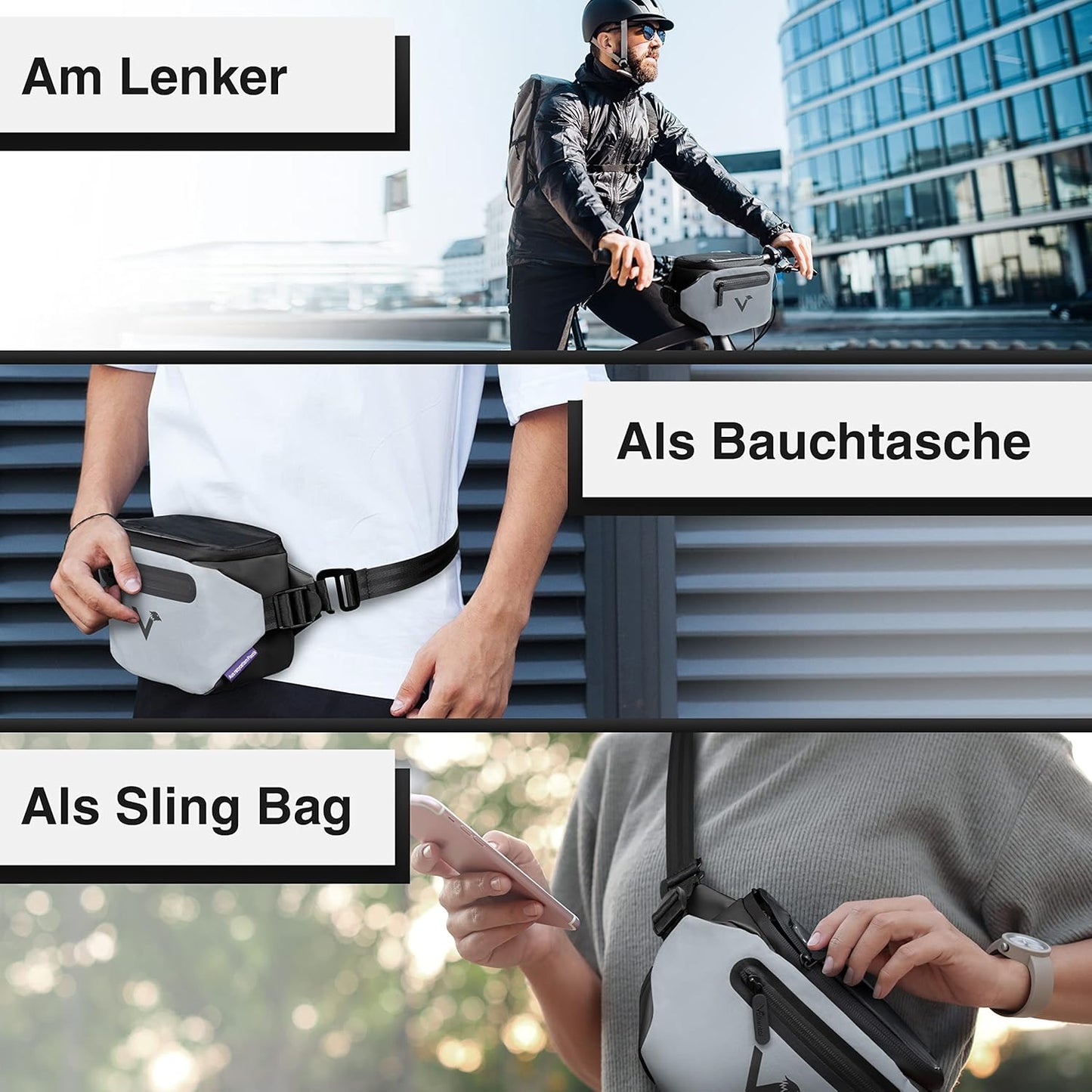 Wasserfeste Lenkertasche mit Handyfach, Schwarzreflective Einzeln