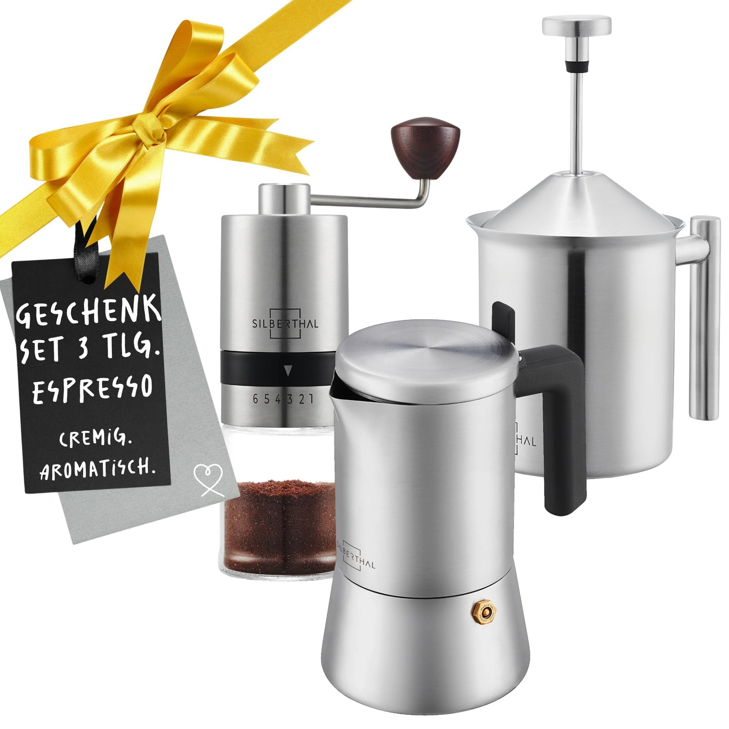 3-teiliges Geschenkset mit Espressokocher, Kaffeemühle & Milchaufschäumer, Spar-set 3er Set | Espresso Set