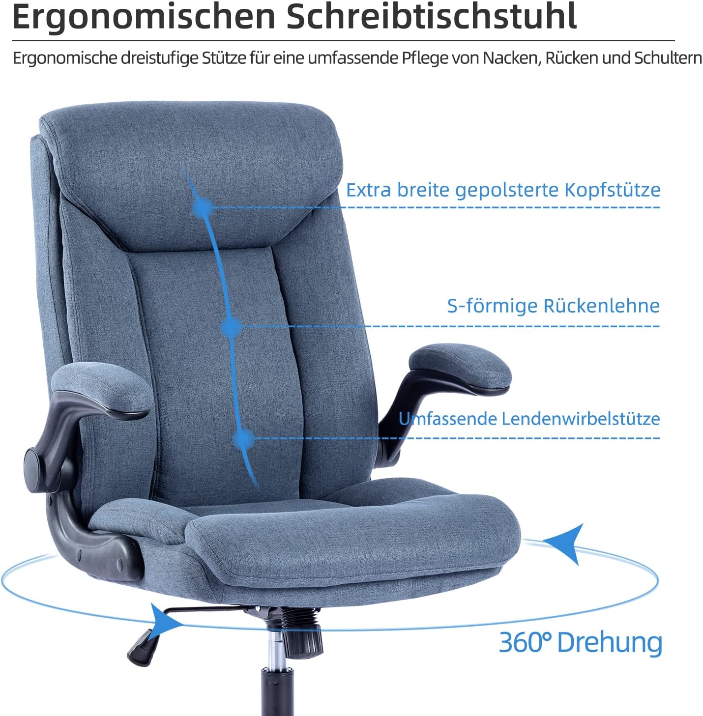 Ergonomischer Bürostuhl mit klappbarer Armlehne, Blau Stoff