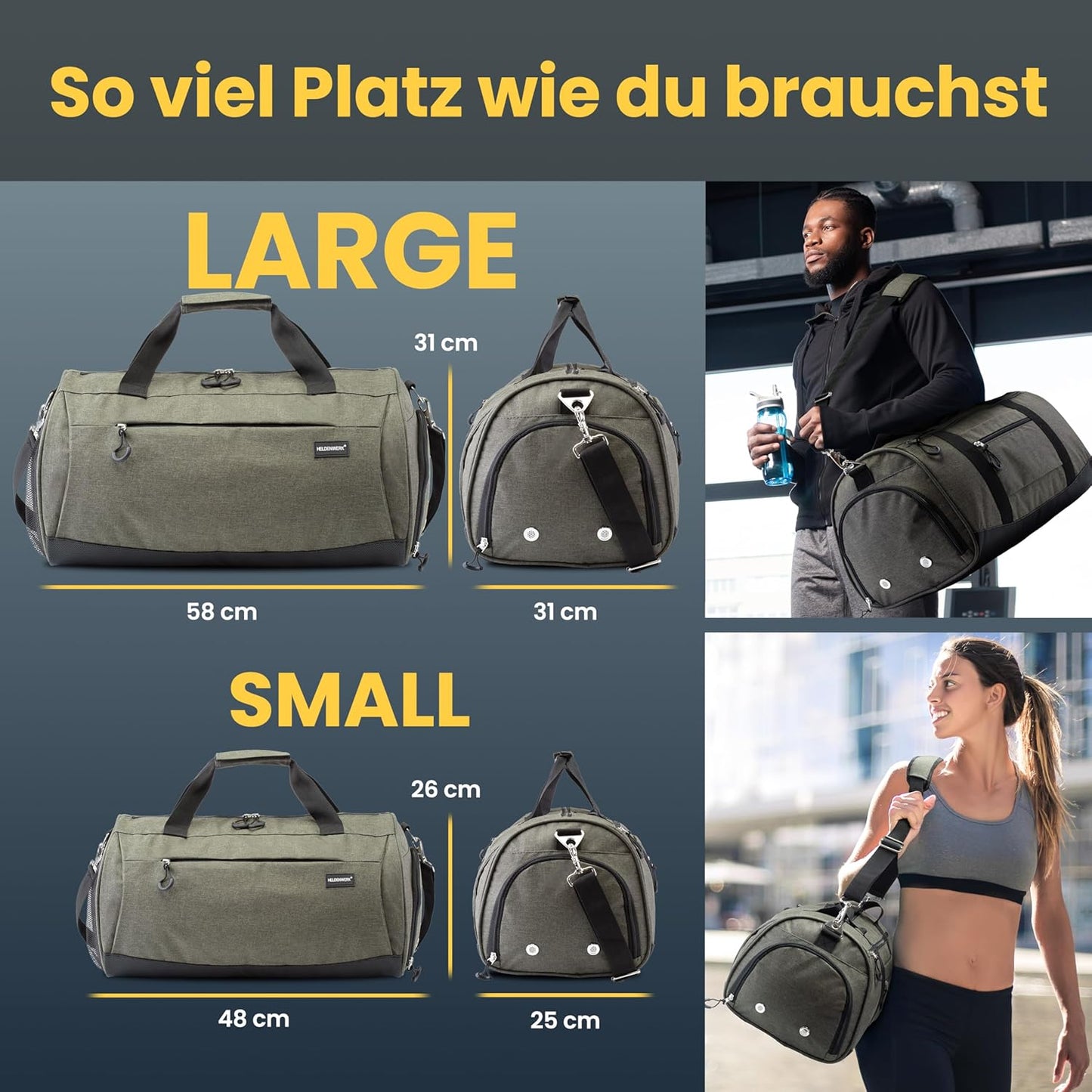 Sport- und Reisetasche mit Schuh- und Nassfach, Grün 58 x 31 x 31 cm (Large 50L)