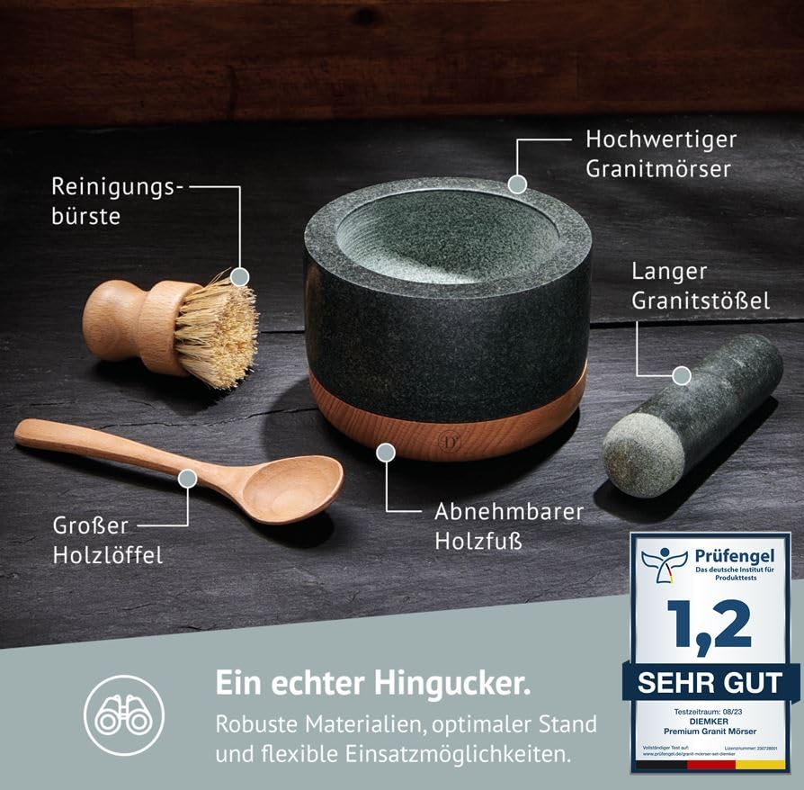 Premium Mörser-Set, Granit und Buchenholz