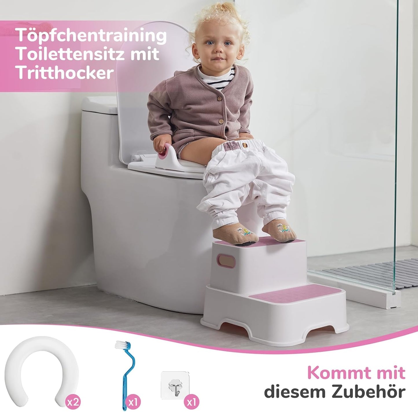 Toilettensitz für Kinder mit Tritthocker, Rosa