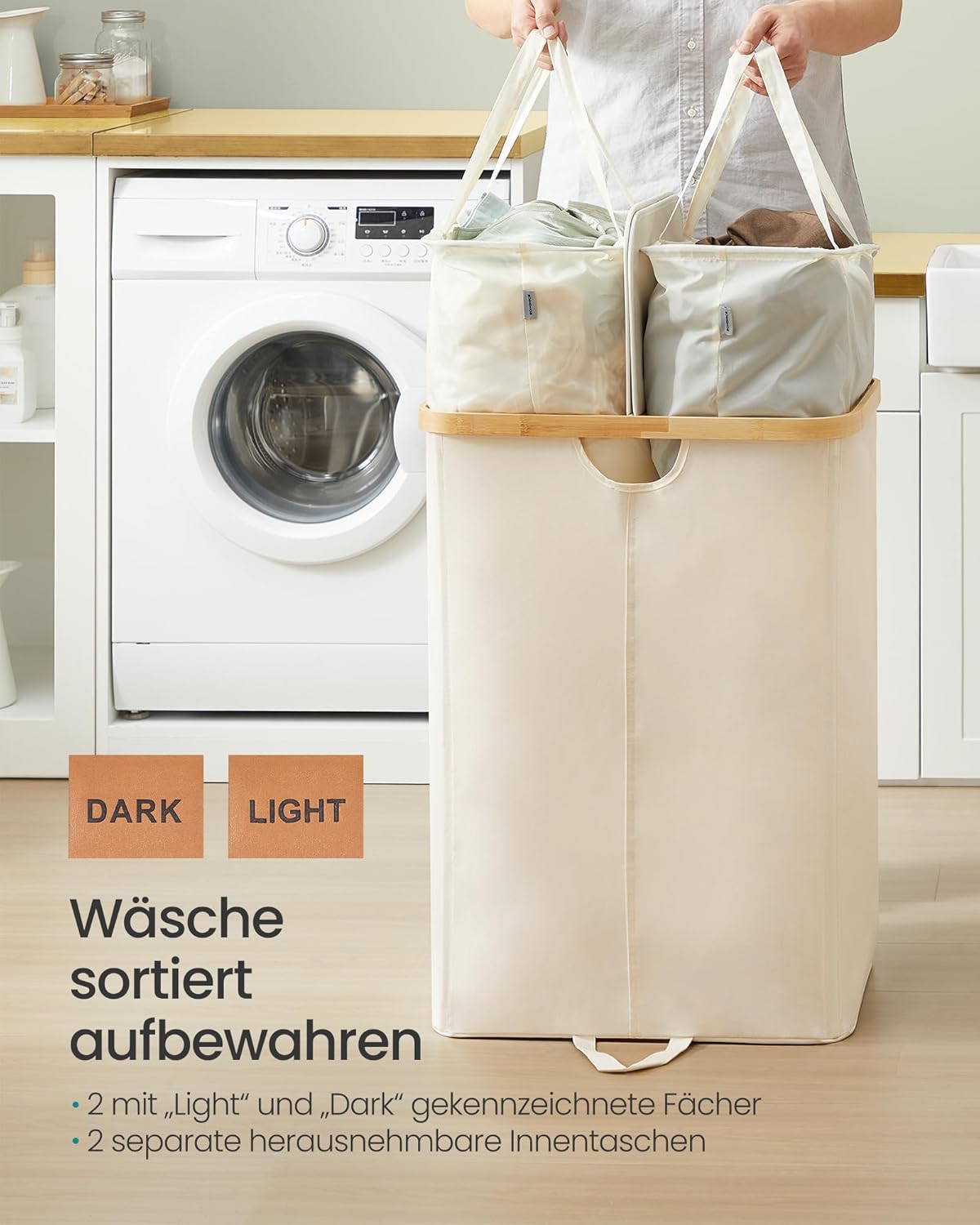 Wäschesortierer mit 2 Fächern, 150 Liter, Cremeweiss + Naturbeige