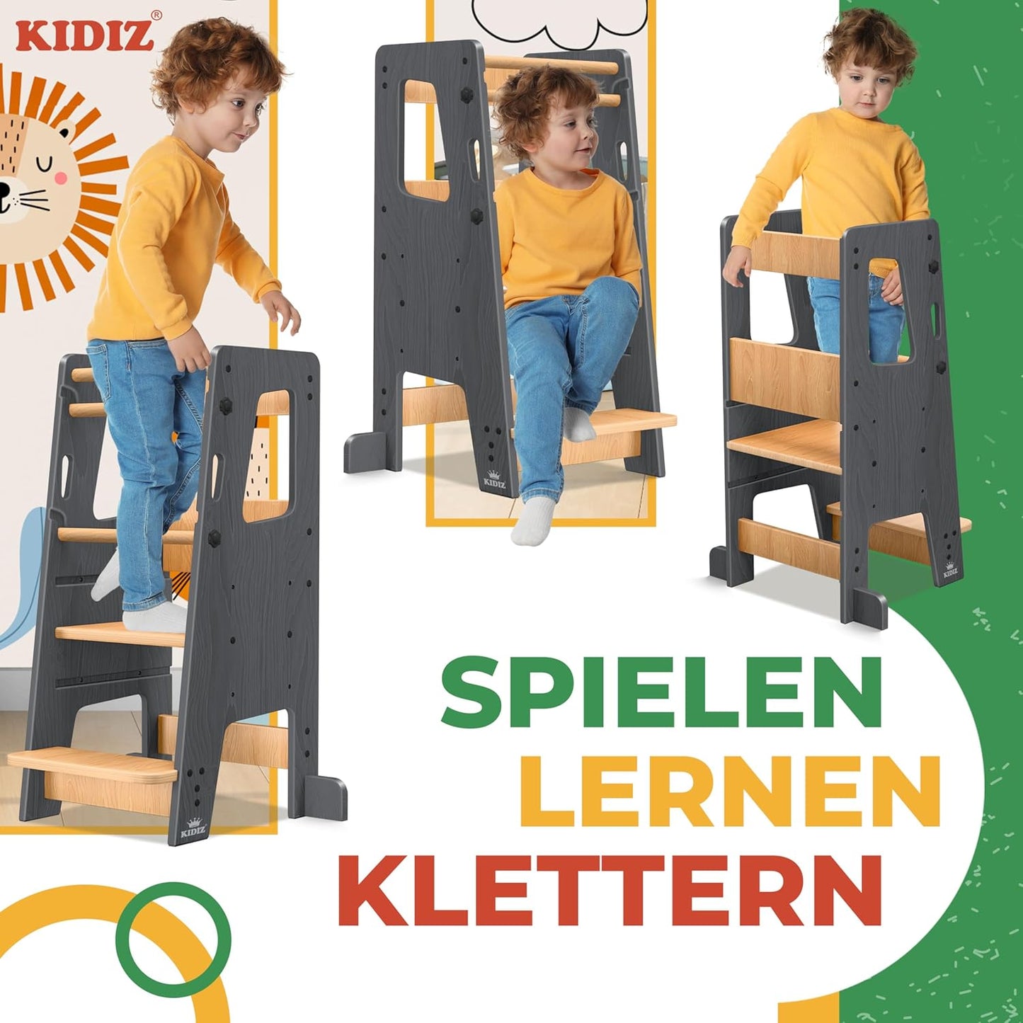 Lernturm für Kinder, Anthrazit & Kiefer