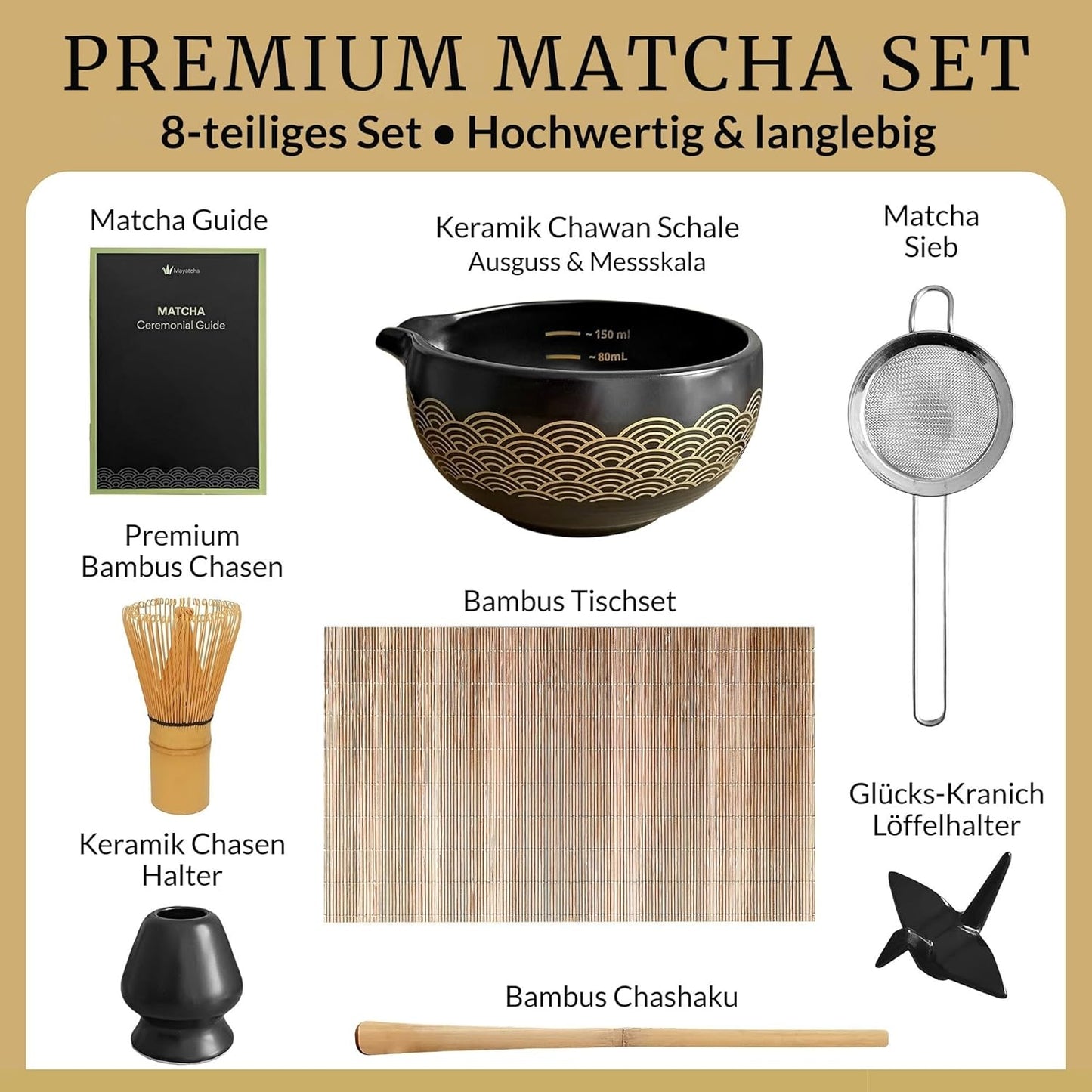 8-teiliges Matcha Set mit Glückskranich Halter