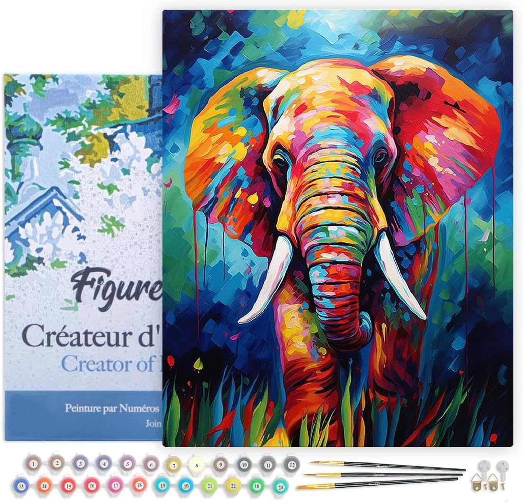 Malen nach Zahlen Set - Elefant, 40 x 50 cm, Elefant Farbenfroh Abstrakt 40x50cm Mit Rahmen (bereits gespannt)