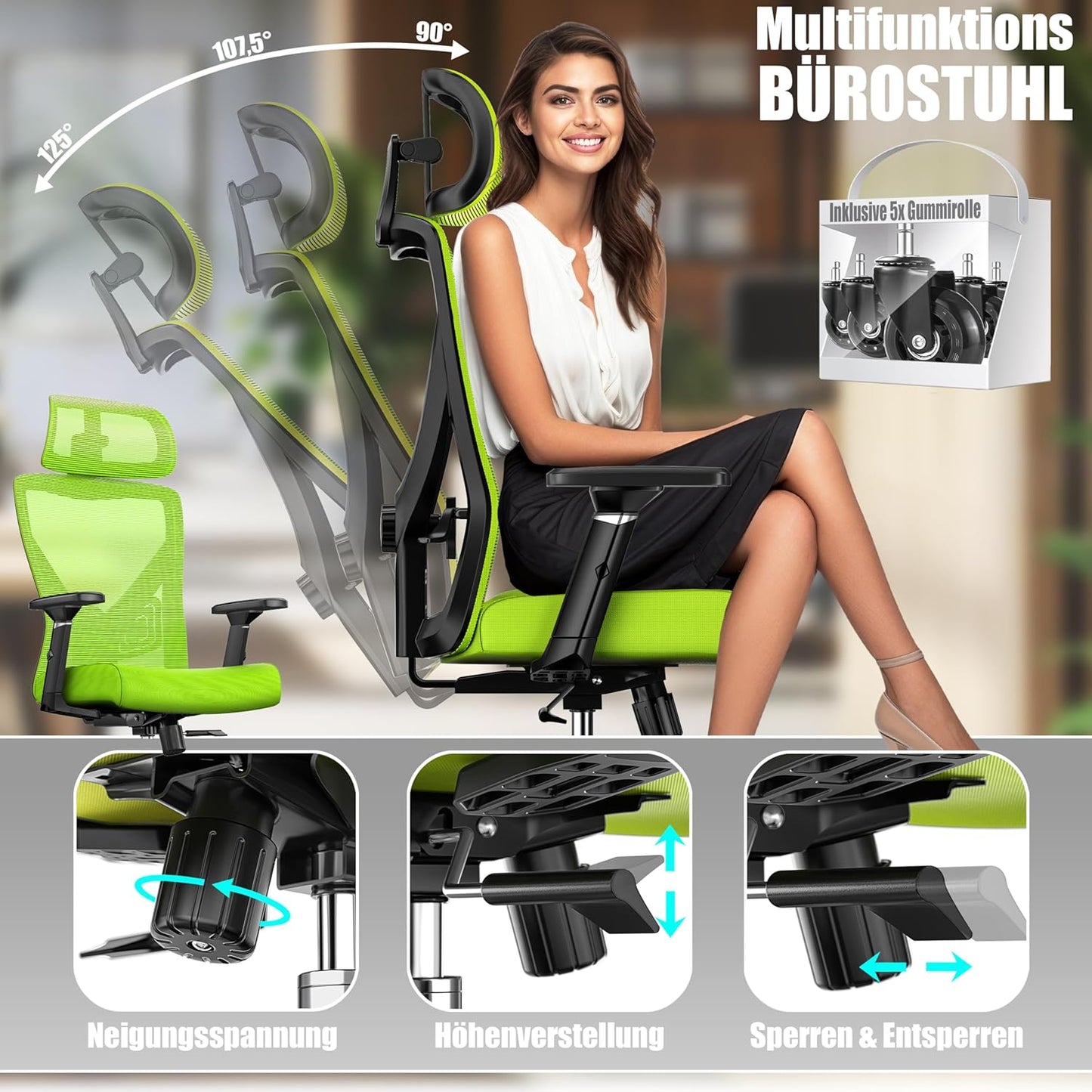 Ergonomischer Bürostuhl mit Wippfunktion und Lendenstütze, Grün / Silber