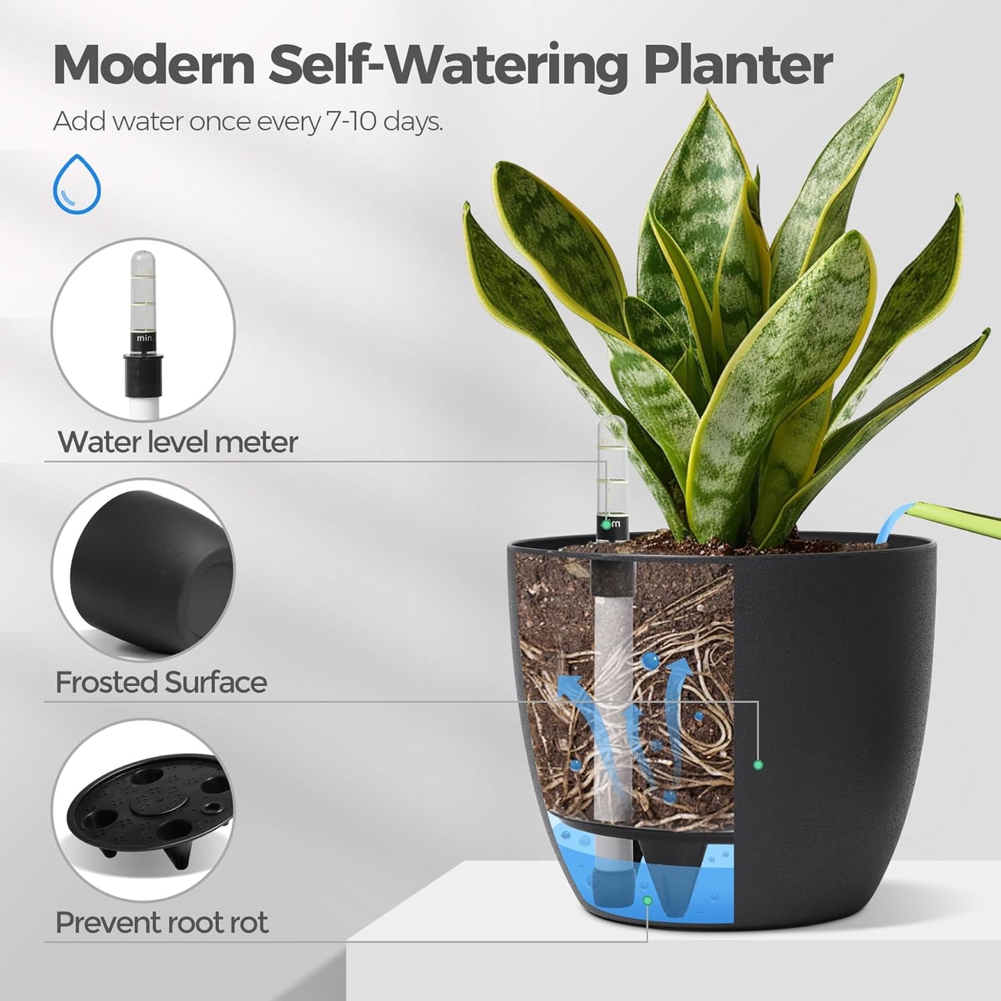 4er-Set Selbstwässernder Blumentopf mit Wasserstandsanzeige, Schwarz 22*21cm