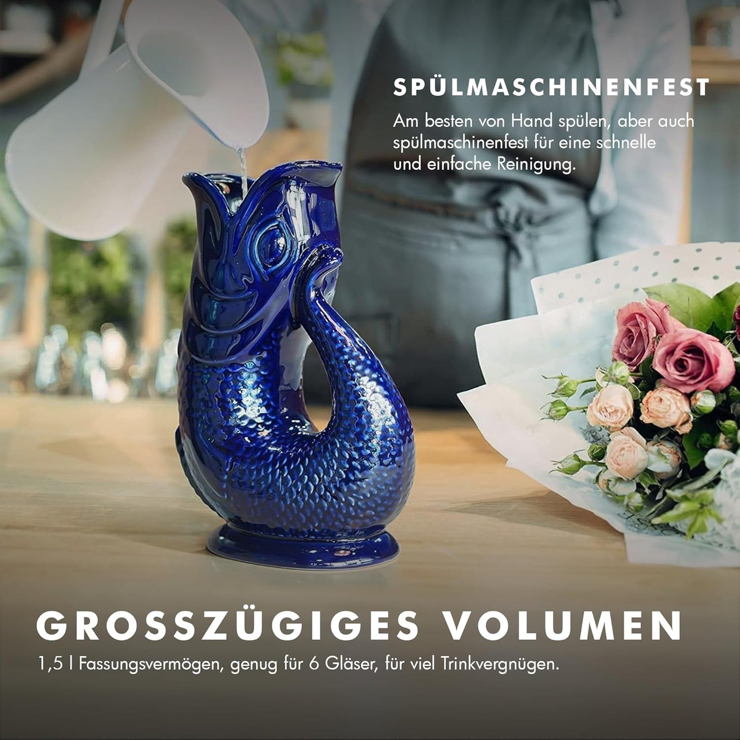 Keramikkaraffe in Fischform mit Gluckergeräuschen