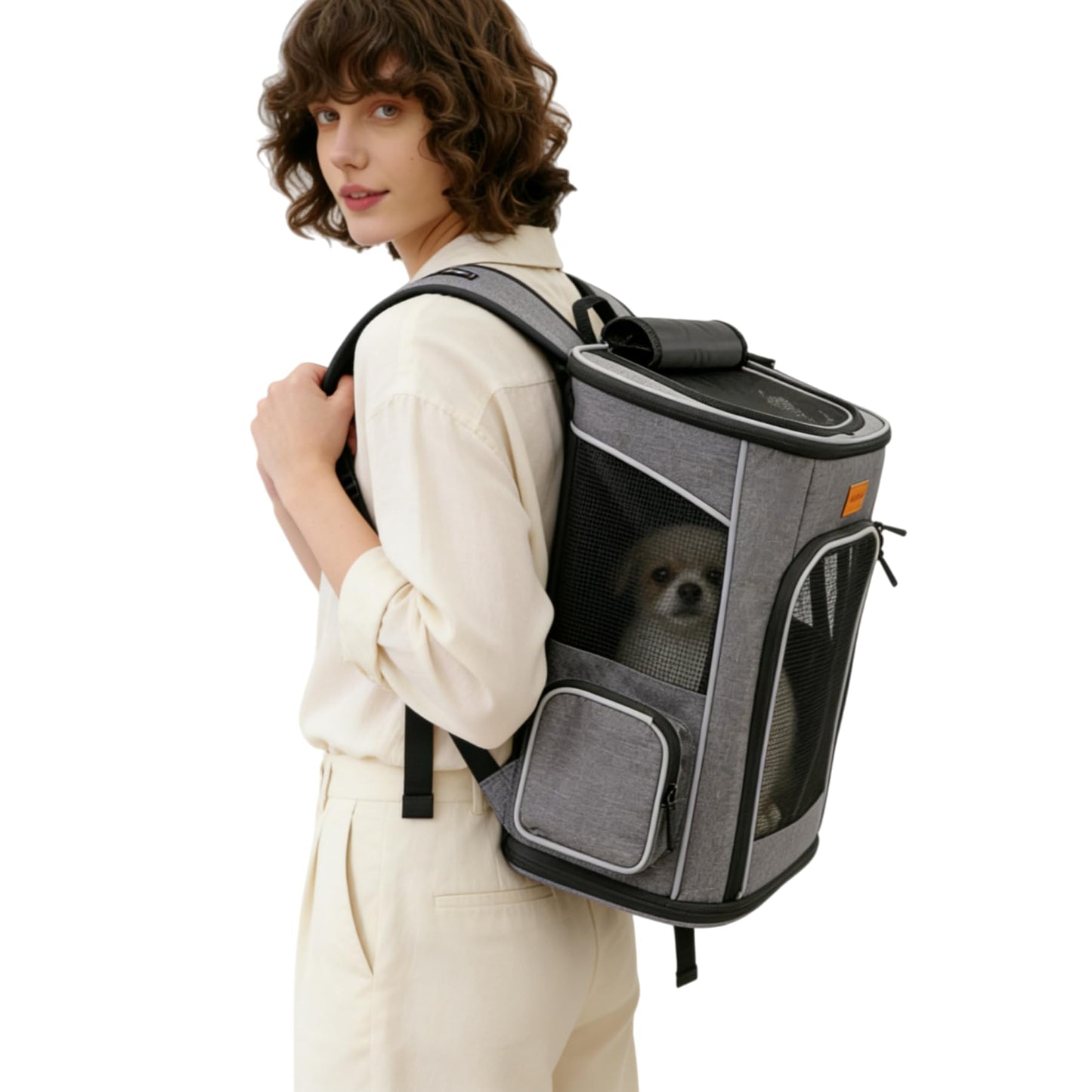 Atmungsaktiver Haustier-Rucksack, hellgrau 33L x 28B x 42H cm