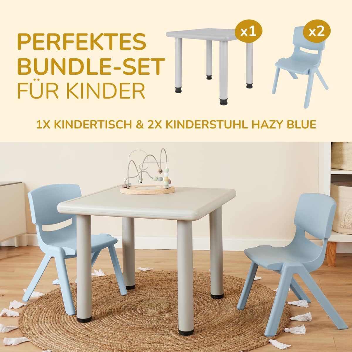 Kindertisch mit stapelbaren Stühlen für Kinder, Grau & Hellblau