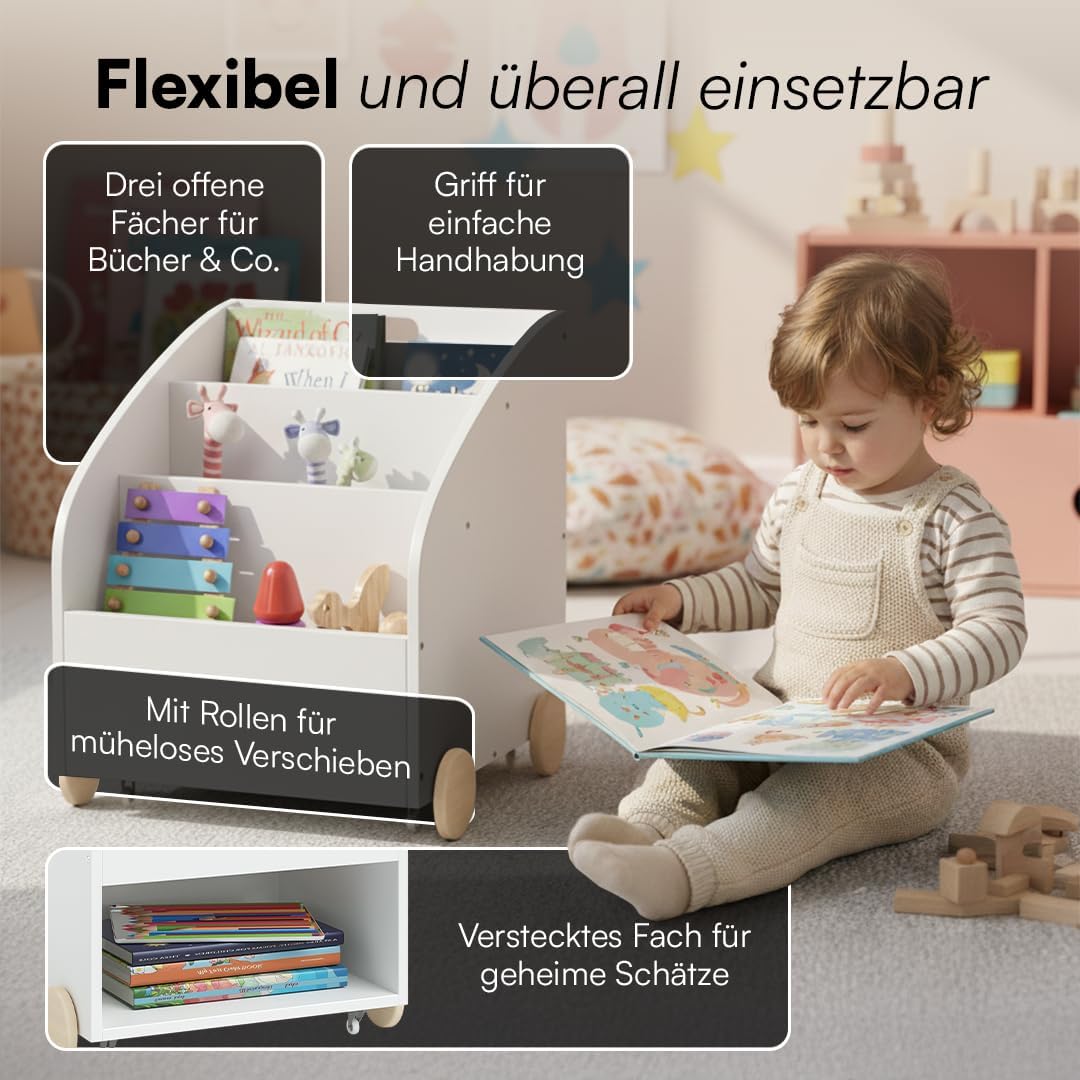 Towy Kinder Bücherregal mit Rollen und Geheimfach, Weiß
