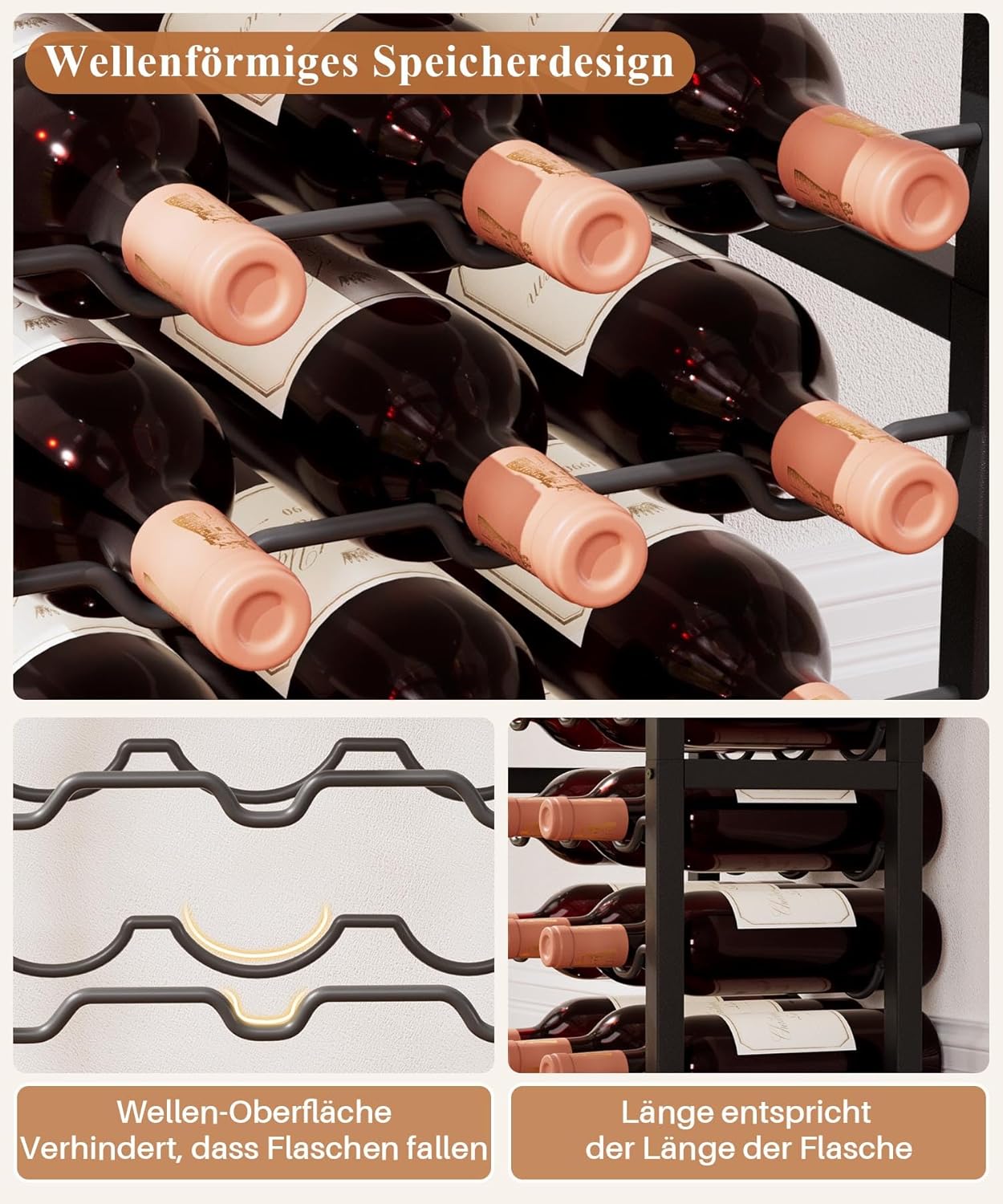 Freistehendes Weinregal für 15 Flaschen mit Glashaltern