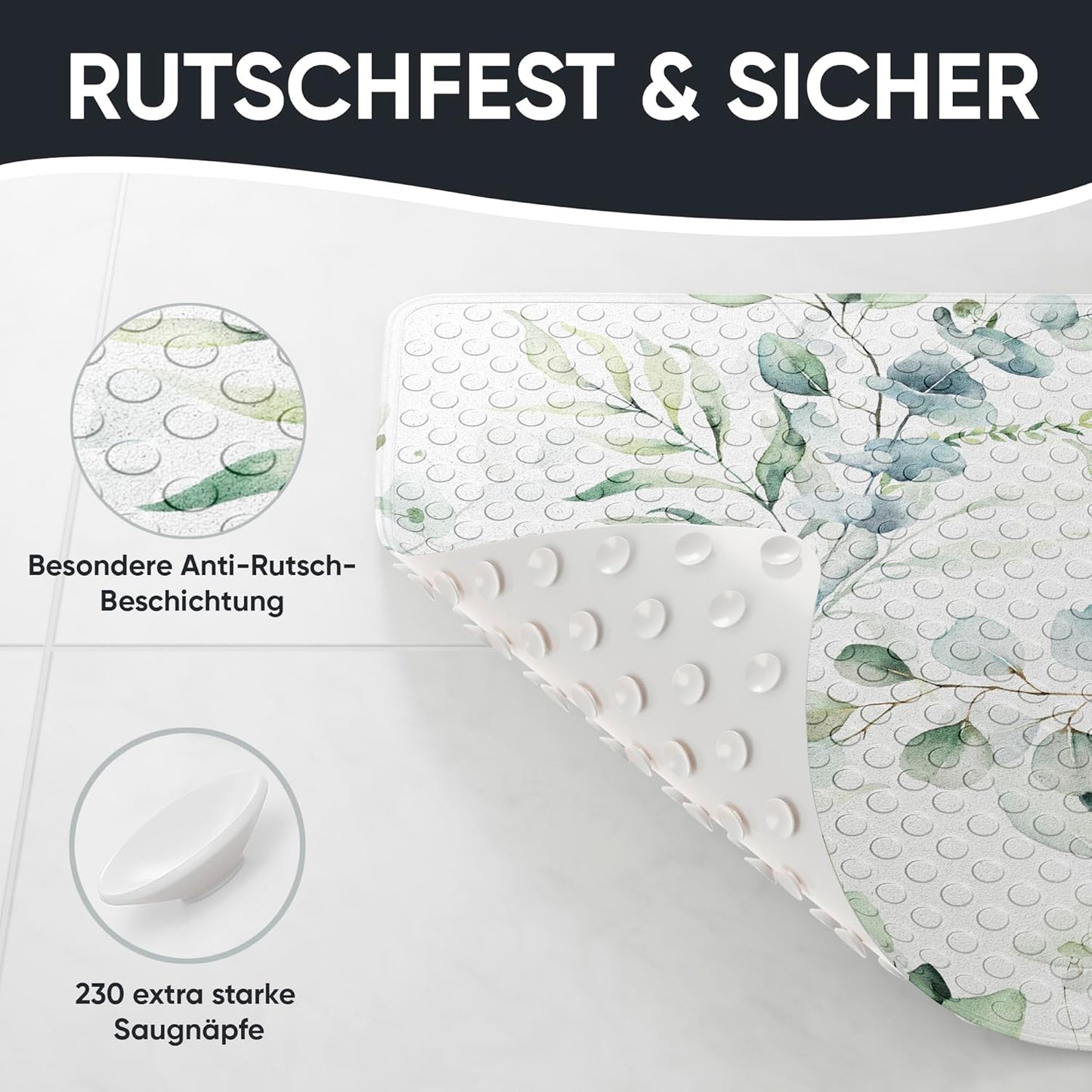 Badematte rutschfest und maschinenwaschbar 53x53 cm, Eukalyptus