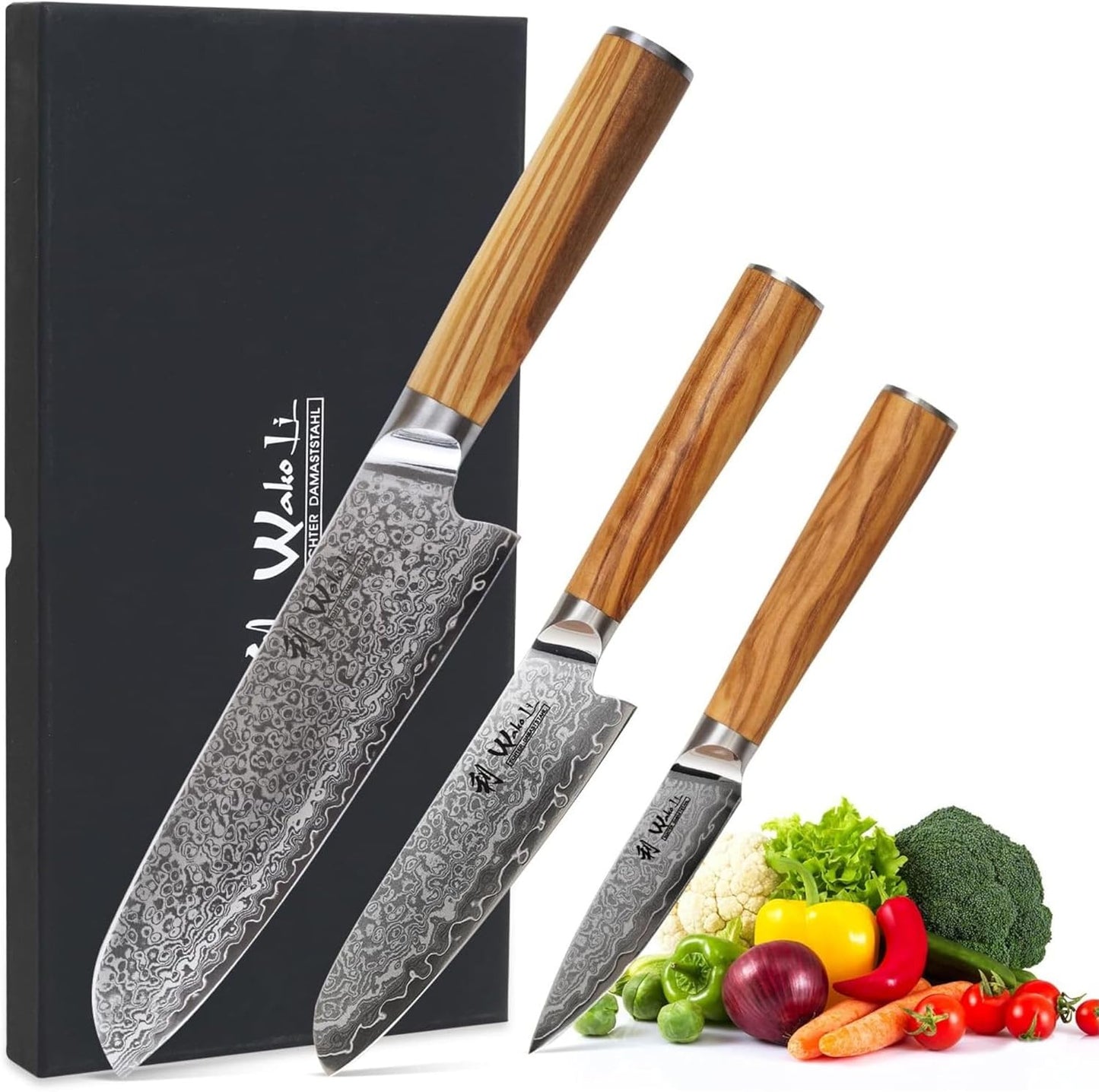 Oribu 3er Damastmesser-Set mit Olivenholzgriff, 3er Santoku Set