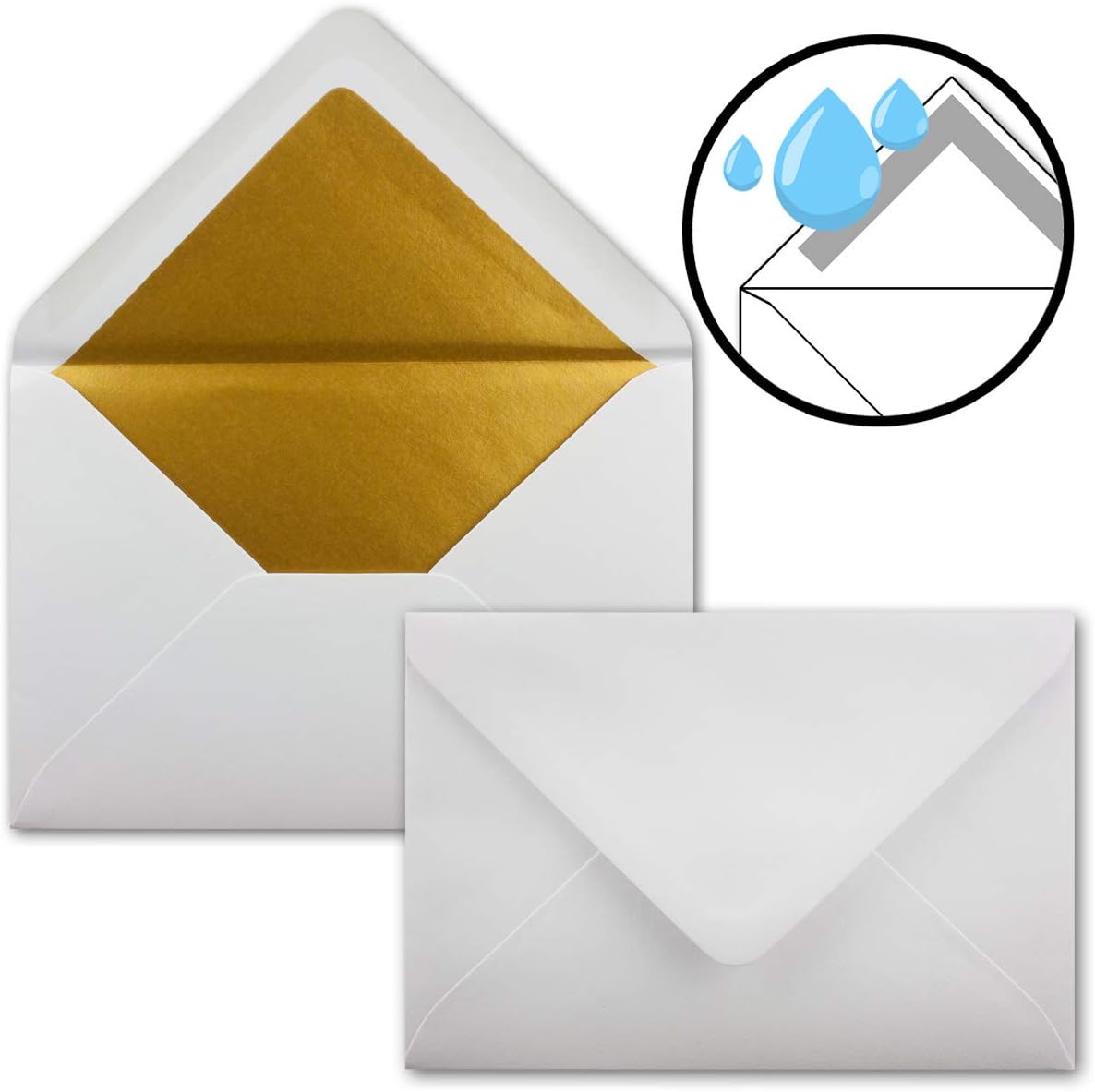 25 Stück Briefumschläge B6 mit Goldfutter, 10 - Weiß - Goldfutter 25 Umschläge